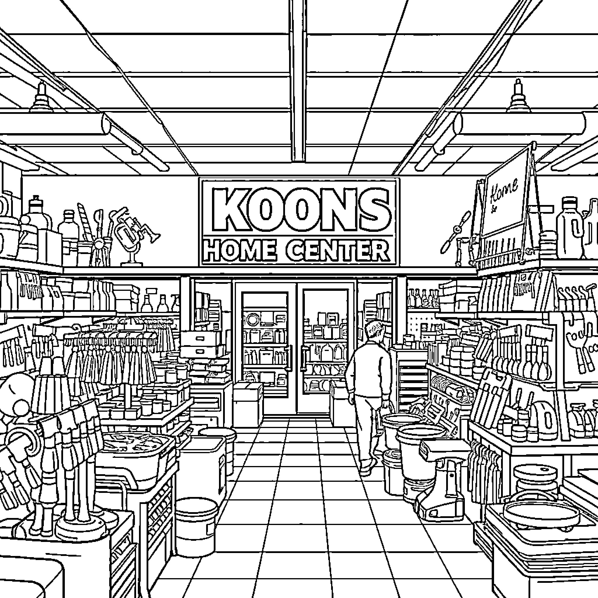 Koons Home Center: Bustling Hardware Store Interior Coloring Page (free black-and-white line drawing printable PDF for all, from beginners to advanced learners, including children, teens, adults, and seniors)