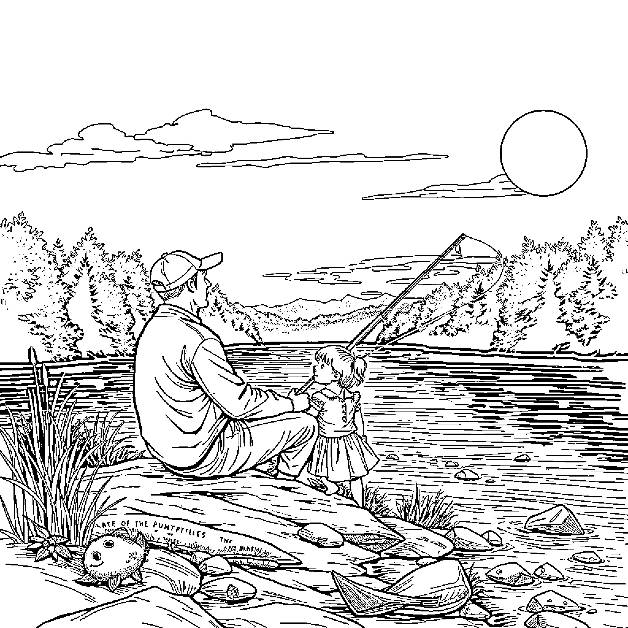 Dad and child fishing by the lake at sunset Coloring Page (free black-and-white line drawing printable PDF for all, from beginners to advanced learners, including children, teens, adults, and seniors)