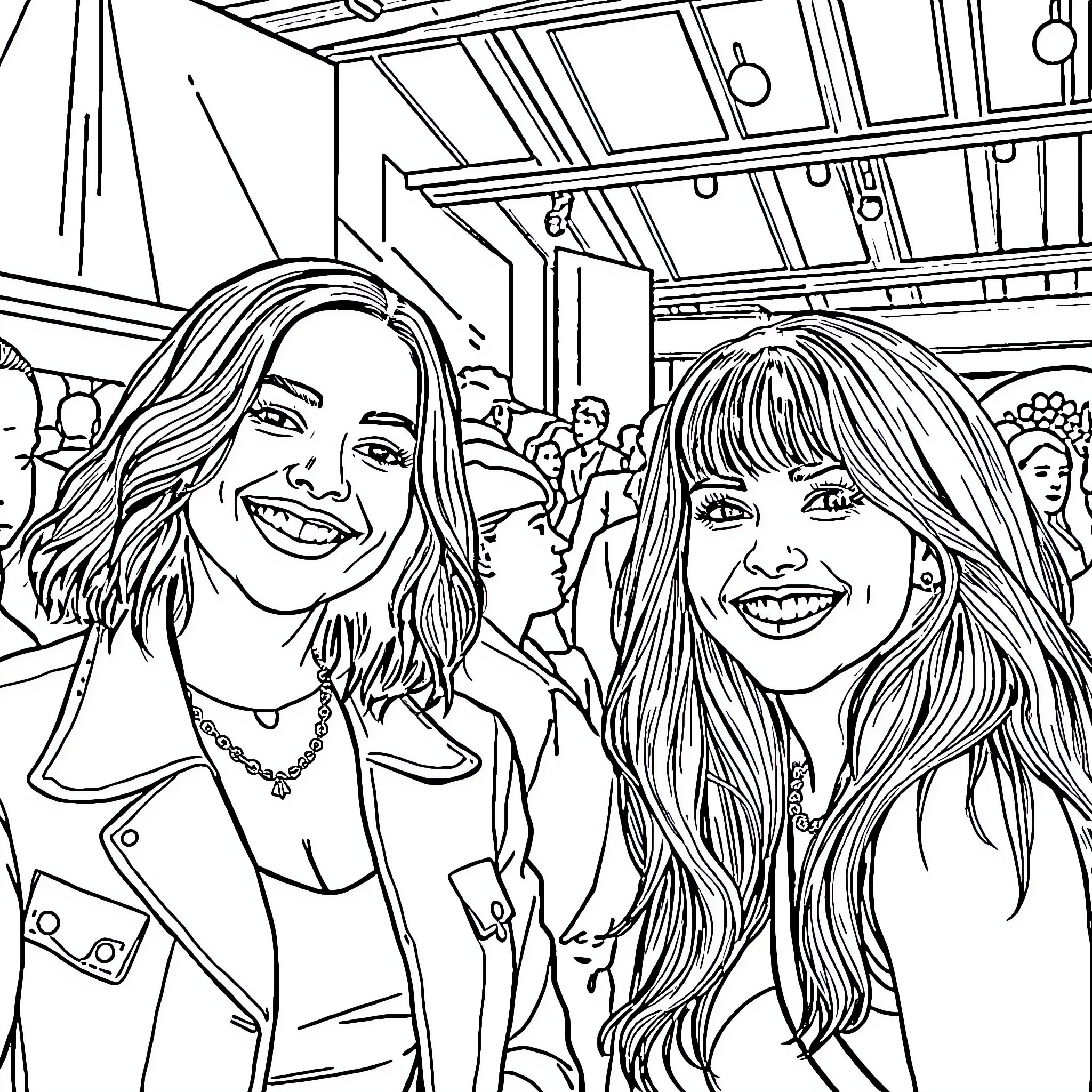 Twice Smiling Cheerfully in the Spotlight Coloring Page (free black-and-white line drawing printable PDF for all, from beginners to advanced learners, including children, teens, adults, and seniors)