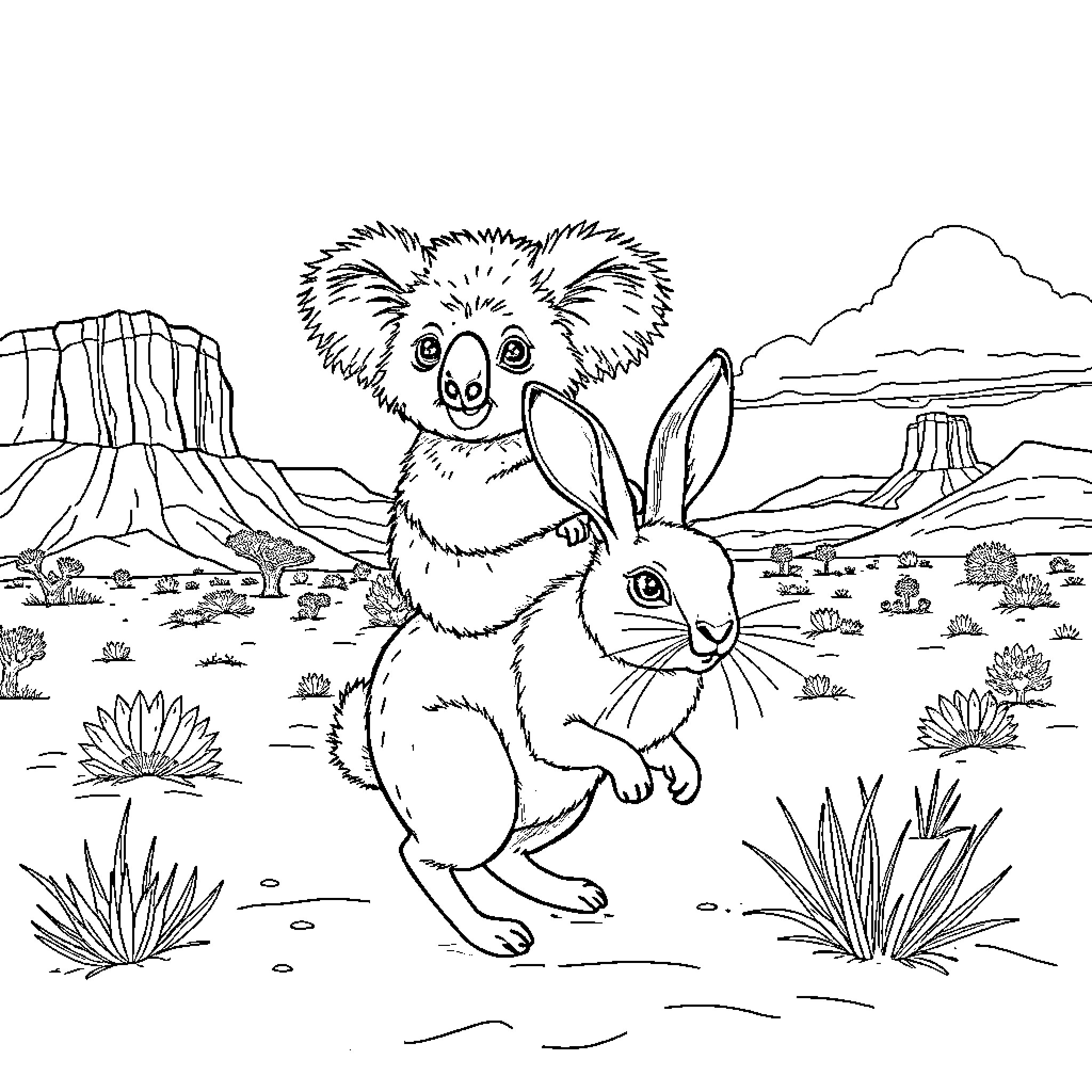 Koala and Rabbit Exploring the Desert Landscape Coloring Page (free black-and-white line drawing printable PDF for all, from beginners to advanced learners, including children, teens, adults, and seniors)