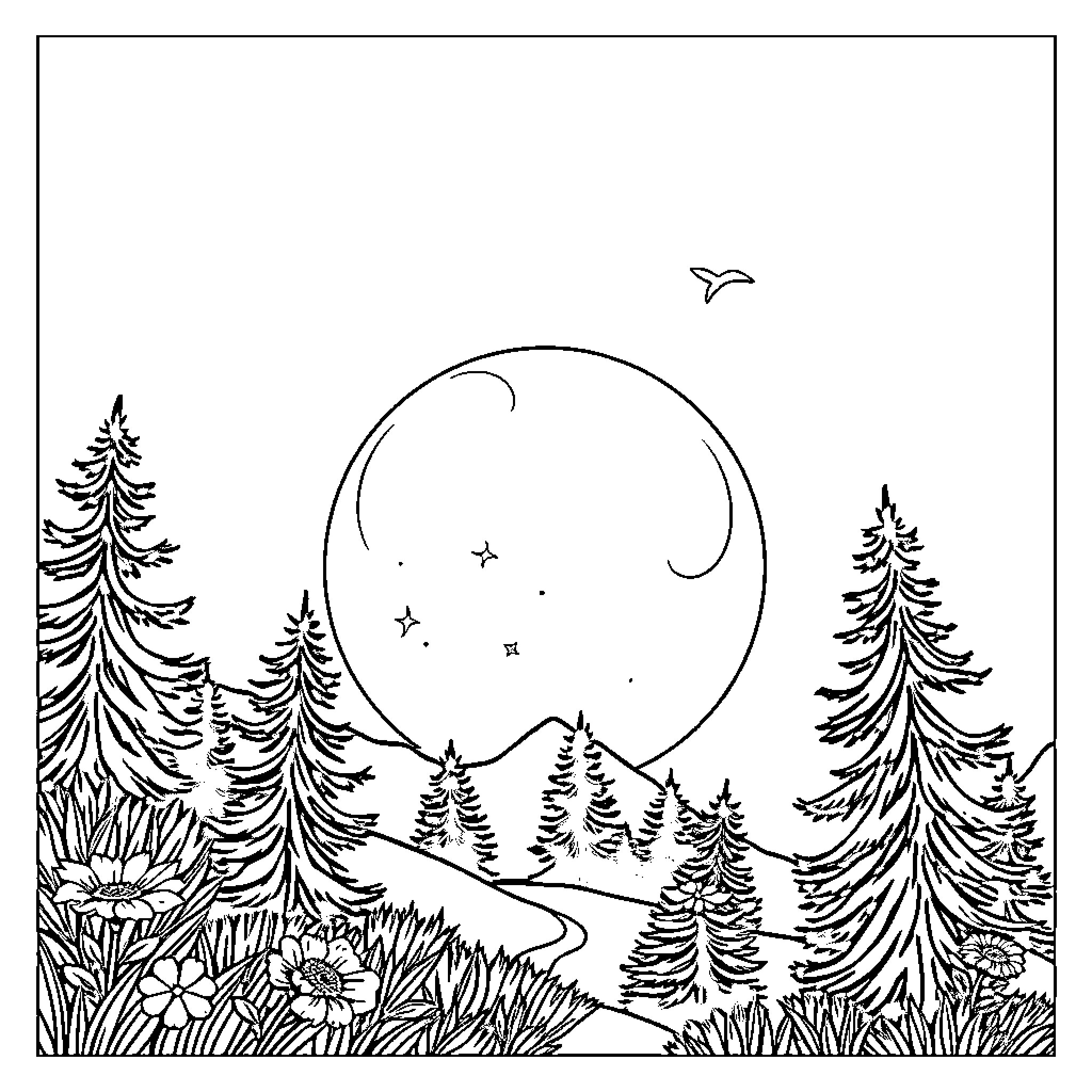 Surgery in the Moonlit Forest Clearing Coloring Page (free black-and-white line drawing printable PDF for all, from beginners to advanced learners, including children, teens, adults, and seniors)