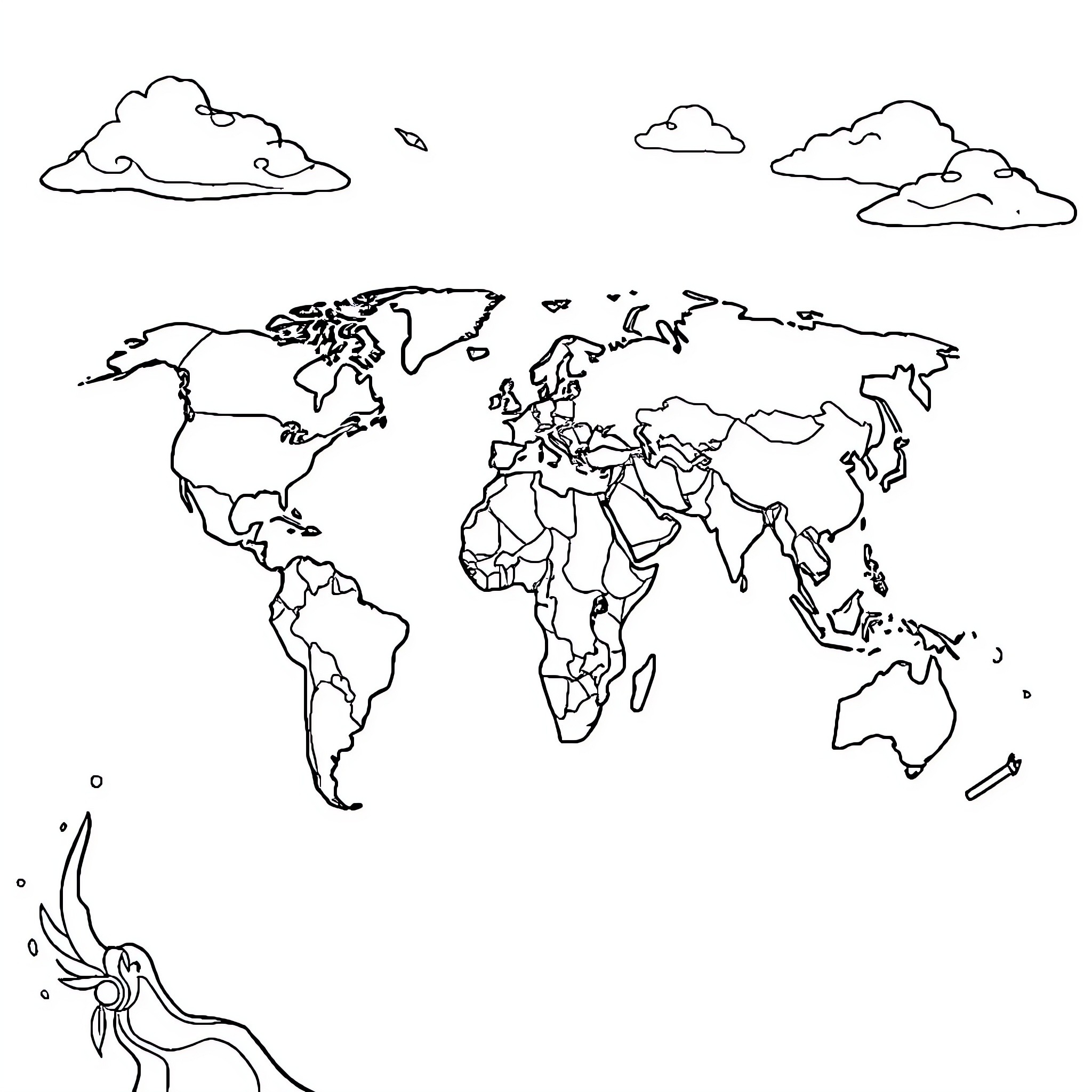 History of the Continents and Clouds Coloring Page (free black-and-white line drawing printable PDF for all, from beginners to advanced learners, including children, teens, adults, and seniors)