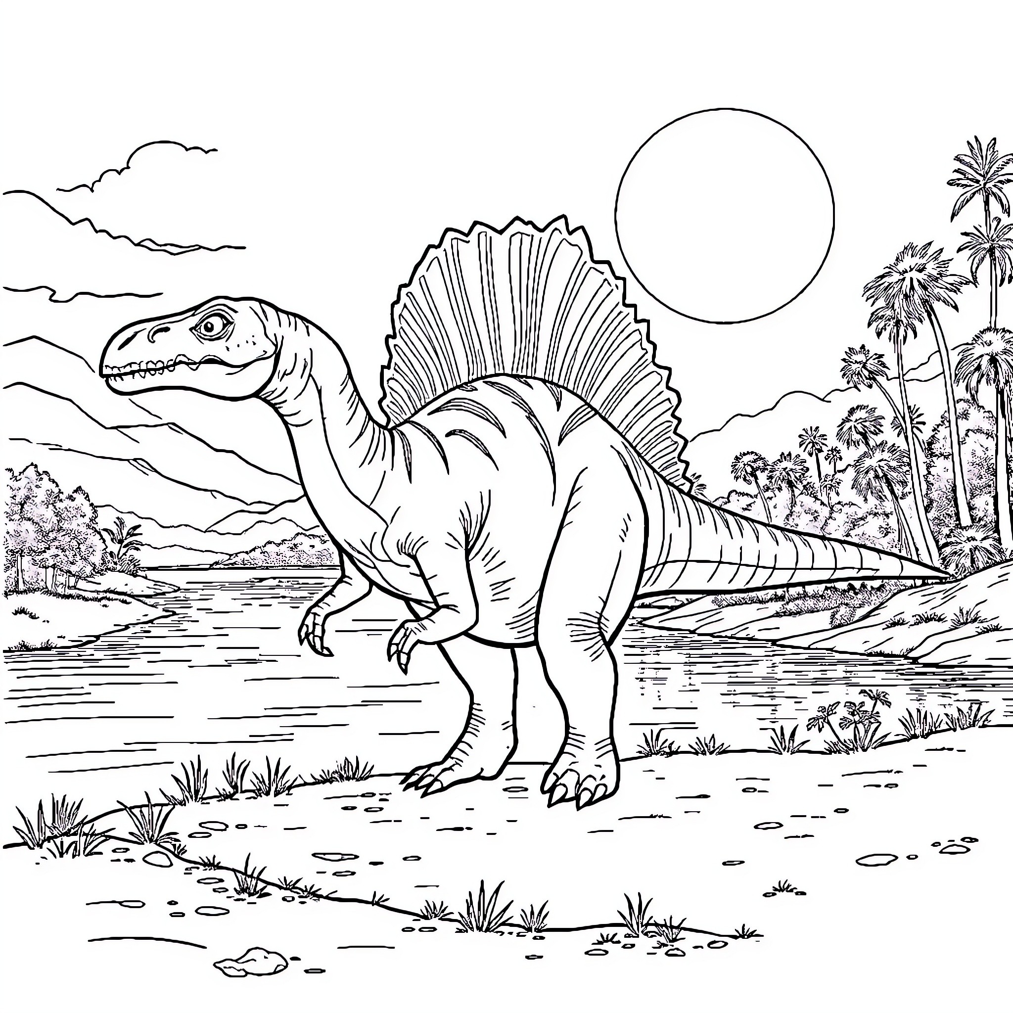 Spinosaurus roaming prehistoric landscape Coloring Page (free black-and-white line drawing printable PDF for all, from beginners to advanced learners, including children, teens, adults, and seniors)