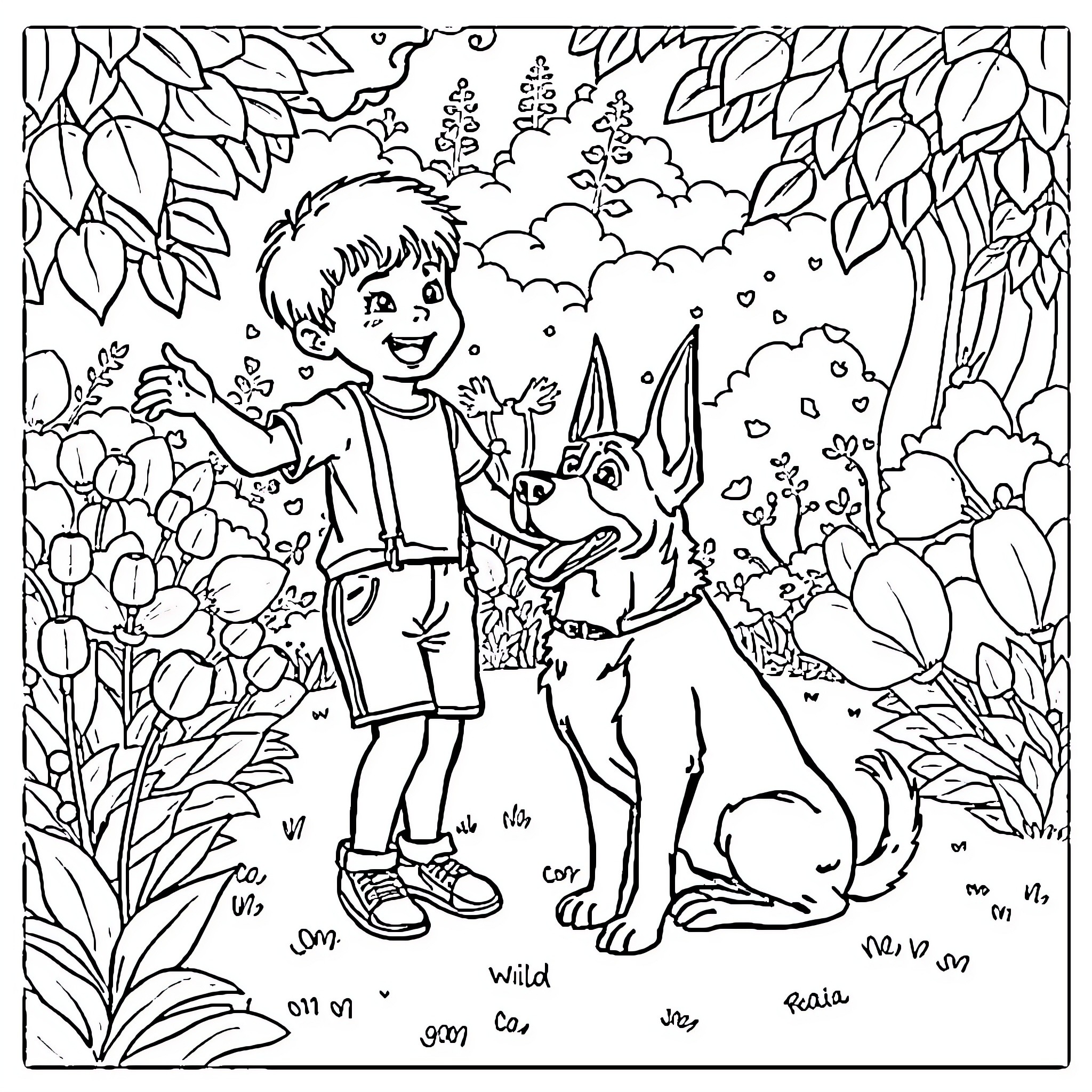 Boy playing joyfully with his pet in nature Coloring Page (free black-and-white line drawing printable PDF for all, from beginners to advanced learners, including children, teens, adults, and seniors)