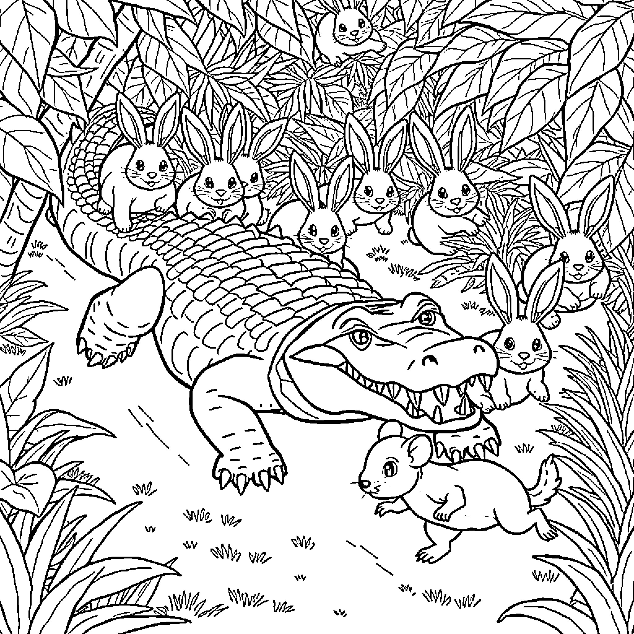 Alligator playing with bunnies in the jungle Coloring Page (free black-and-white line drawing printable PDF for all, from beginners to advanced learners, including children, teens, adults, and seniors)