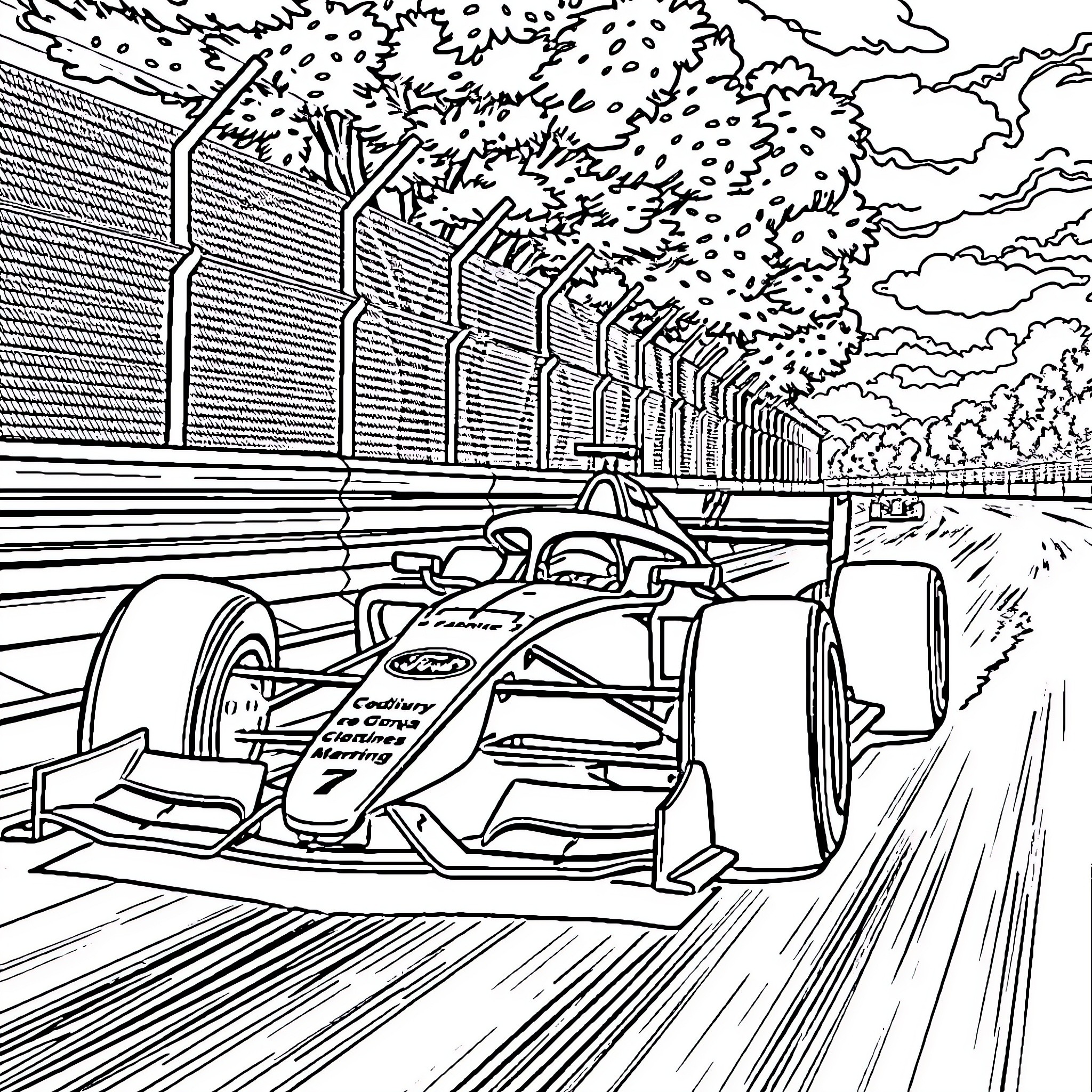 F1 Car racing on a winding track with trees Coloring Page (free black-and-white line drawing printable PDF for all, from beginners to advanced learners, including children, teens, adults, and seniors)