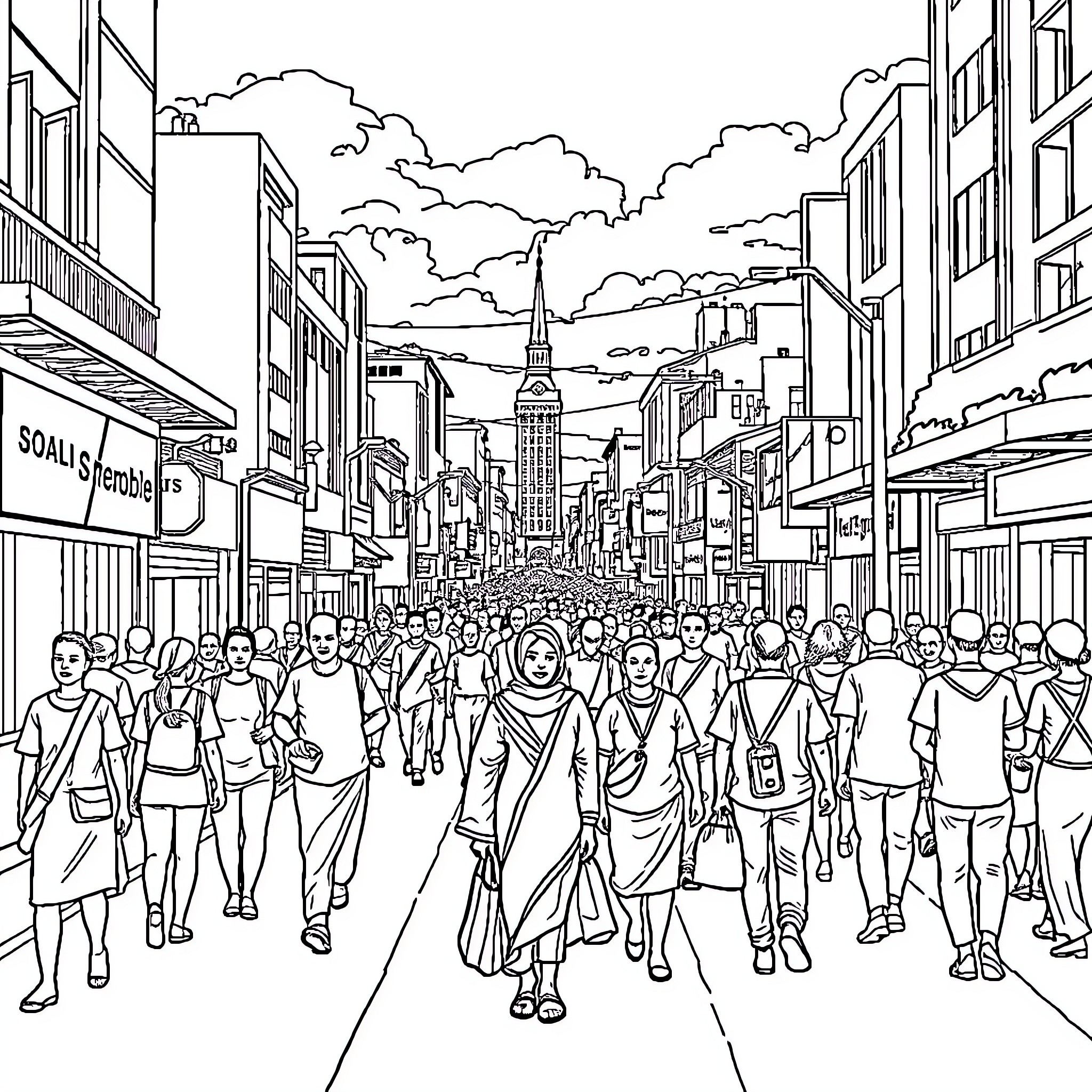 City bustling with crowds on busy street Coloring Page (free black-and-white line drawing printable PDF for all, from beginners to advanced learners, including children, teens, adults, and seniors)