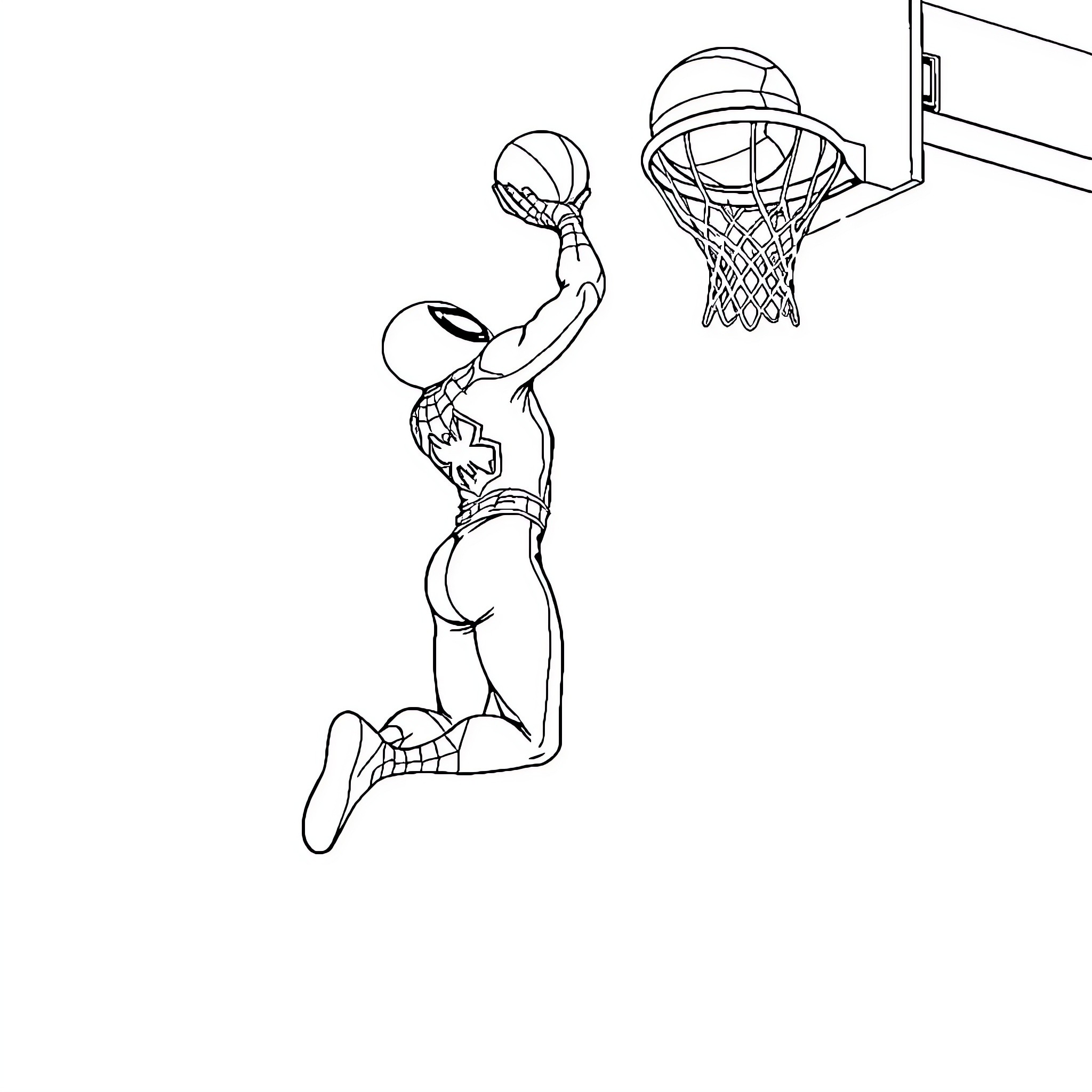 Spider-Man dunking a basketball on the hoop Coloring Page (free black-and-white line drawing printable PDF for all, from beginners to advanced learners, including children, teens, adults, and seniors)