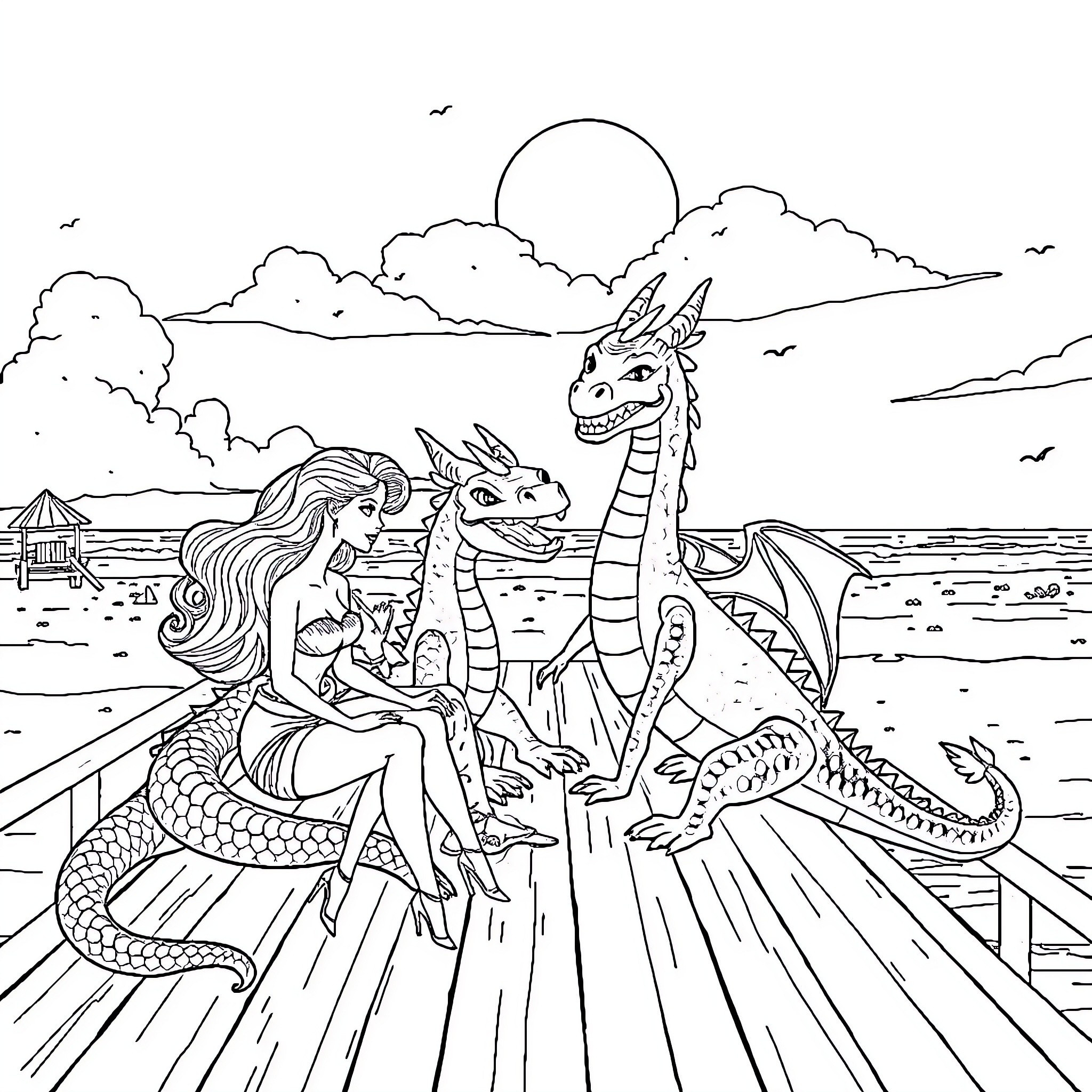 Barbie's Fantastical Adventure with Mythical Creatures Coloring Page (free black-and-white line drawing printable PDF for all, from beginners to advanced learners, including children, teens, adults, and seniors)