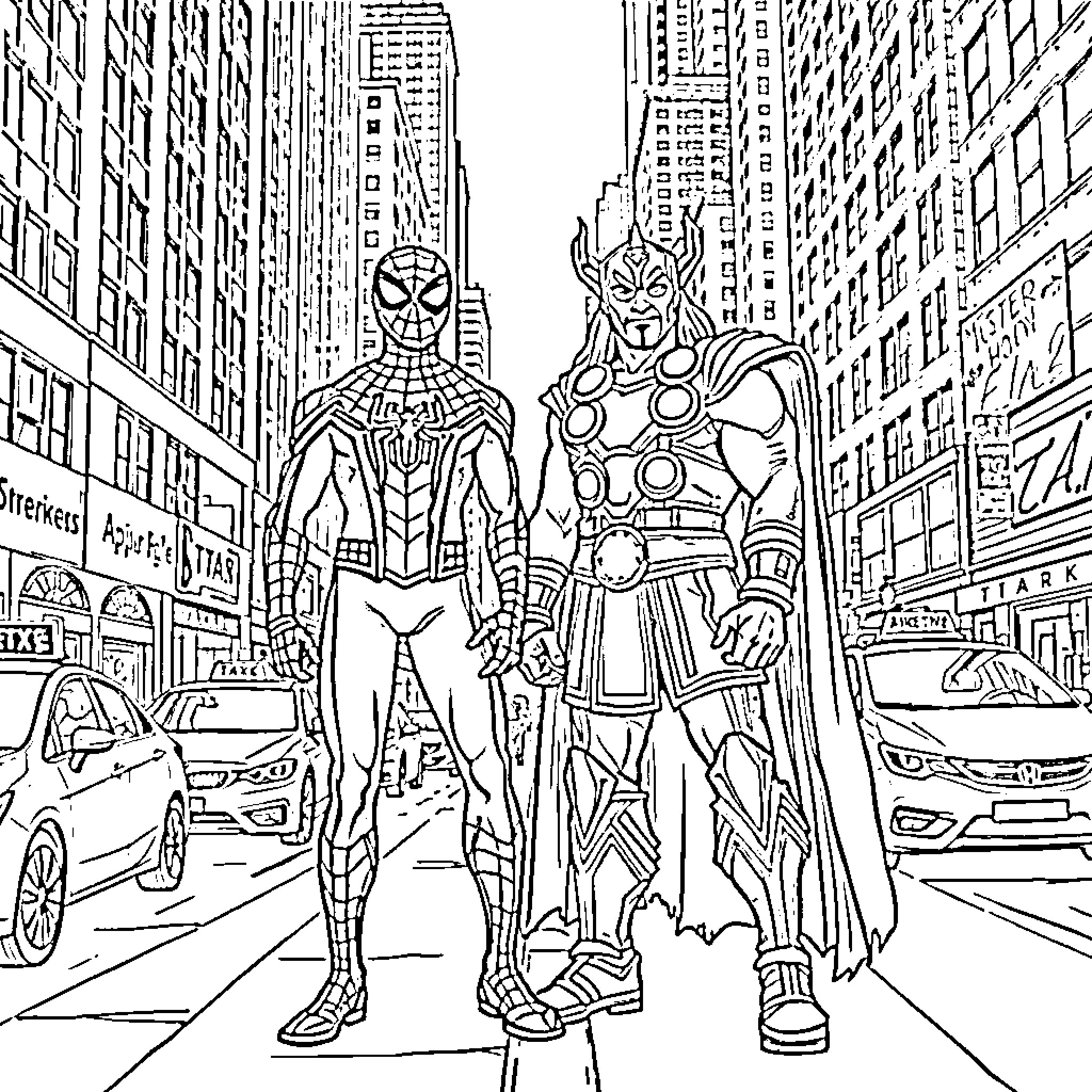 Spider-Man and Thor Superheroes Saving the City Coloring Page (free black-and-white line drawing printable PDF for all, from beginners to advanced learners, including children, teens, adults, and seniors)