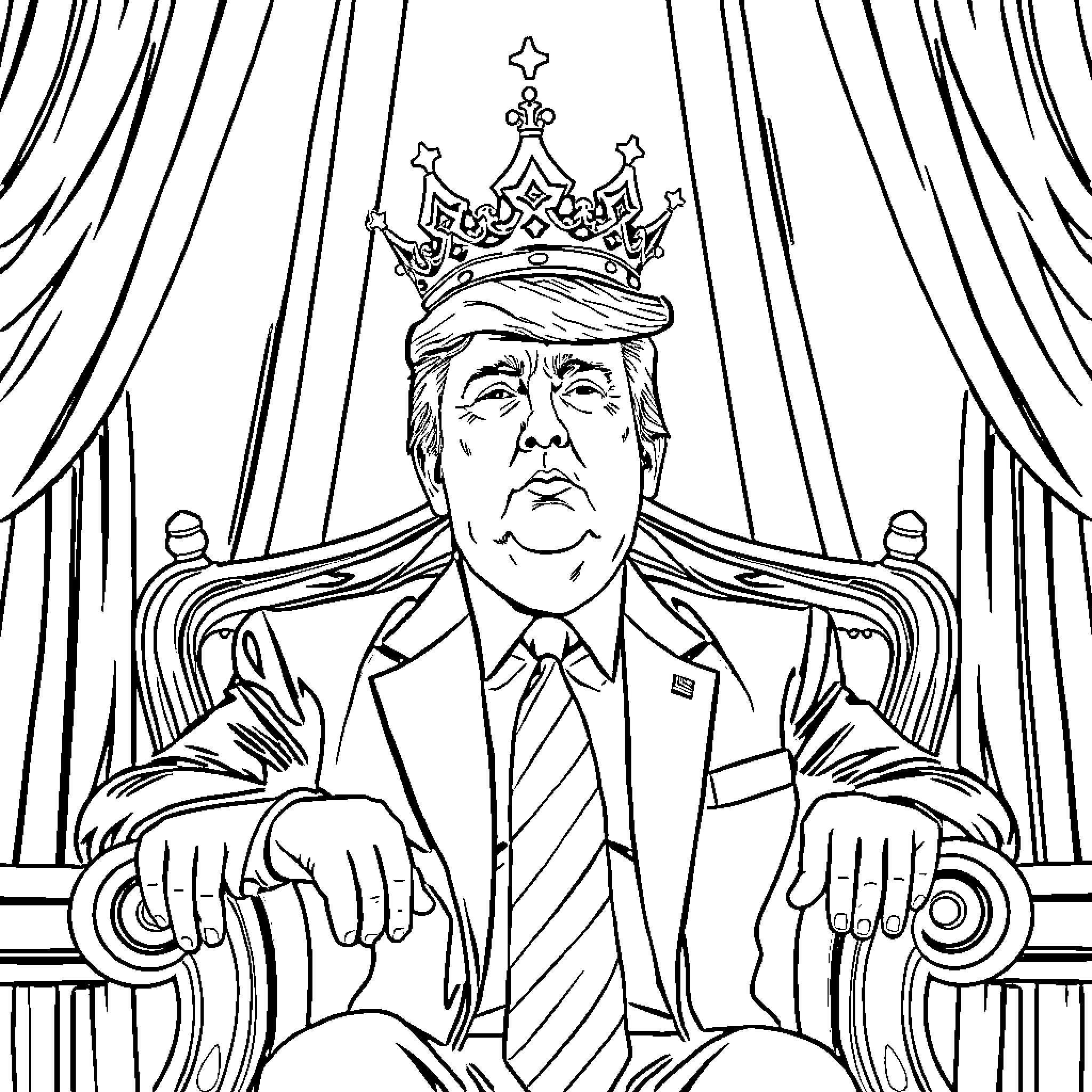 Trump's Regal Throne: The Ruler's Commanding Presence Coloring Page (free black-and-white line drawing printable PDF for all, from beginners to advanced learners, including children, teens, adults, and seniors)
