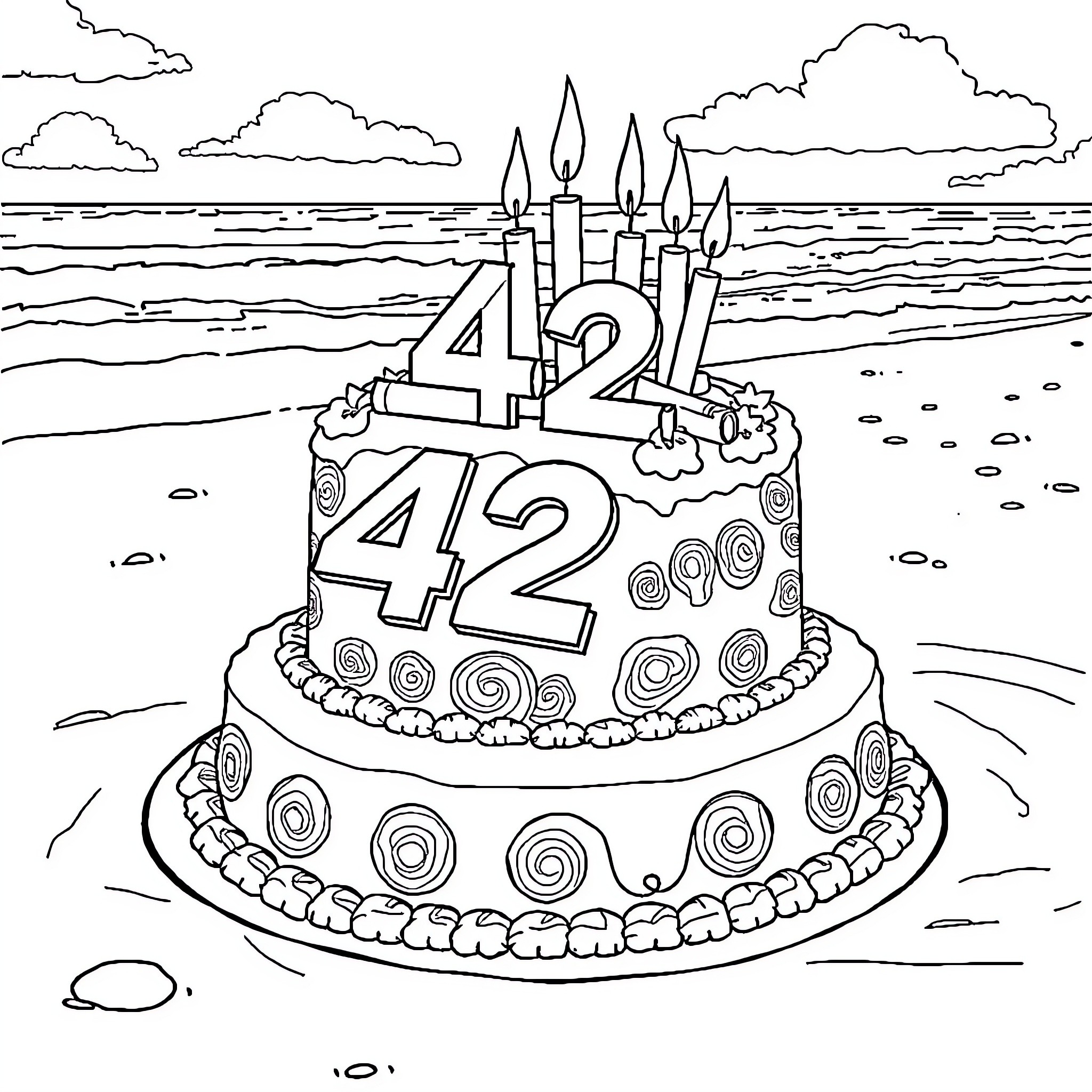 Gâteau with Candles and Scenic Backdrop Coloring Page (free black-and-white line drawing printable PDF for all, from beginners to advanced learners, including children, teens, adults, and seniors)