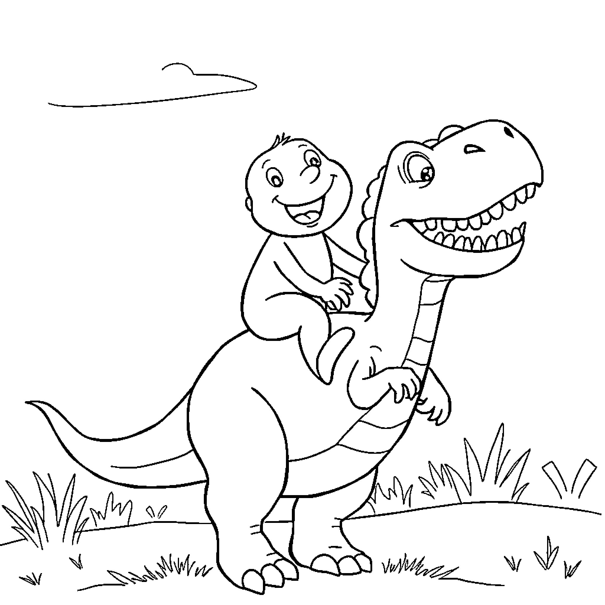 Stevie Griffin playing with friendly dinosaur in nature Coloring Page (free black-and-white line drawing printable PDF for all, from beginners to advanced learners, including children, teens, adults, and seniors)