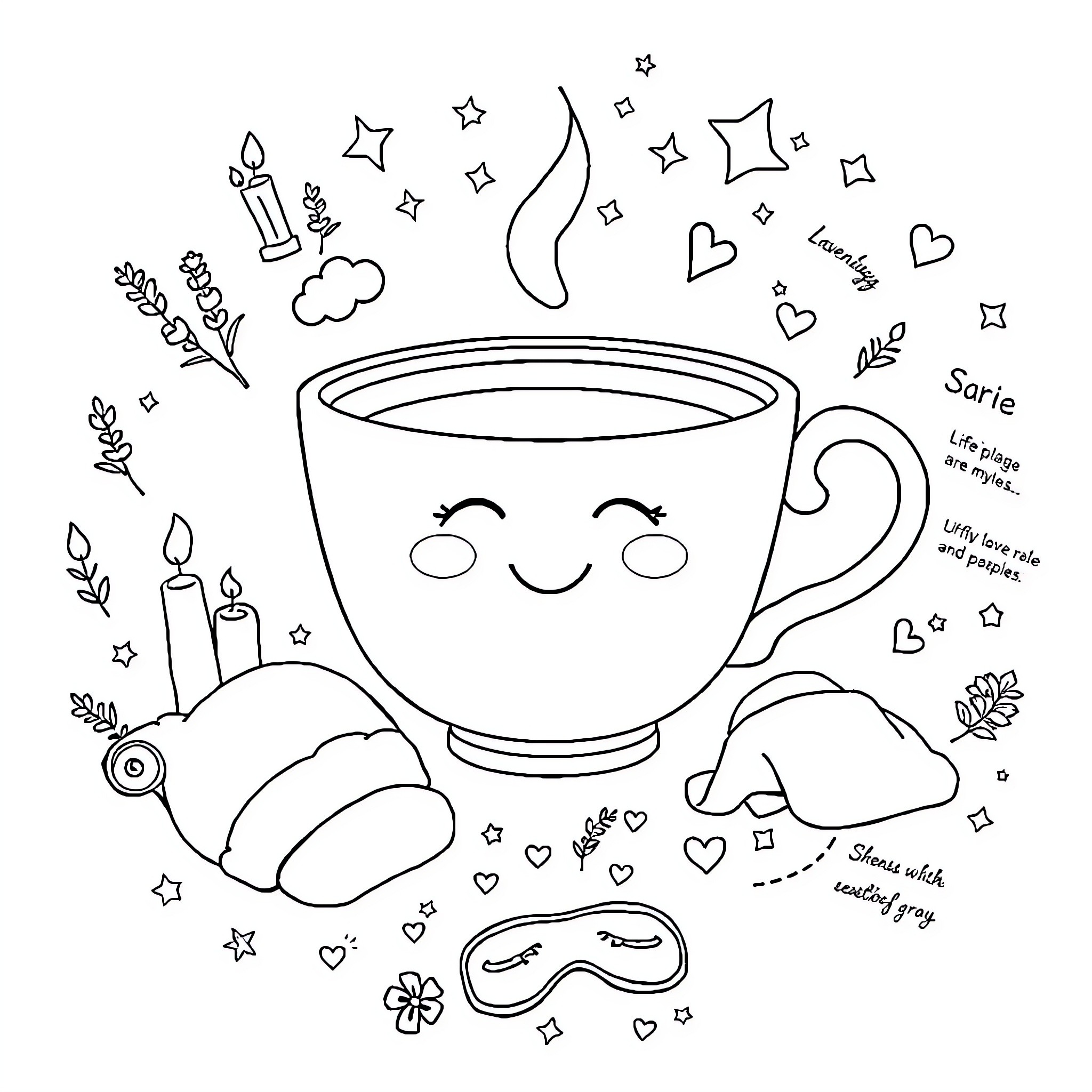 Teacup with whimsical doodles and decorations Coloring Page (free black-and-white line drawing printable PDF for all, from beginners to advanced learners, including children, teens, adults, and seniors)