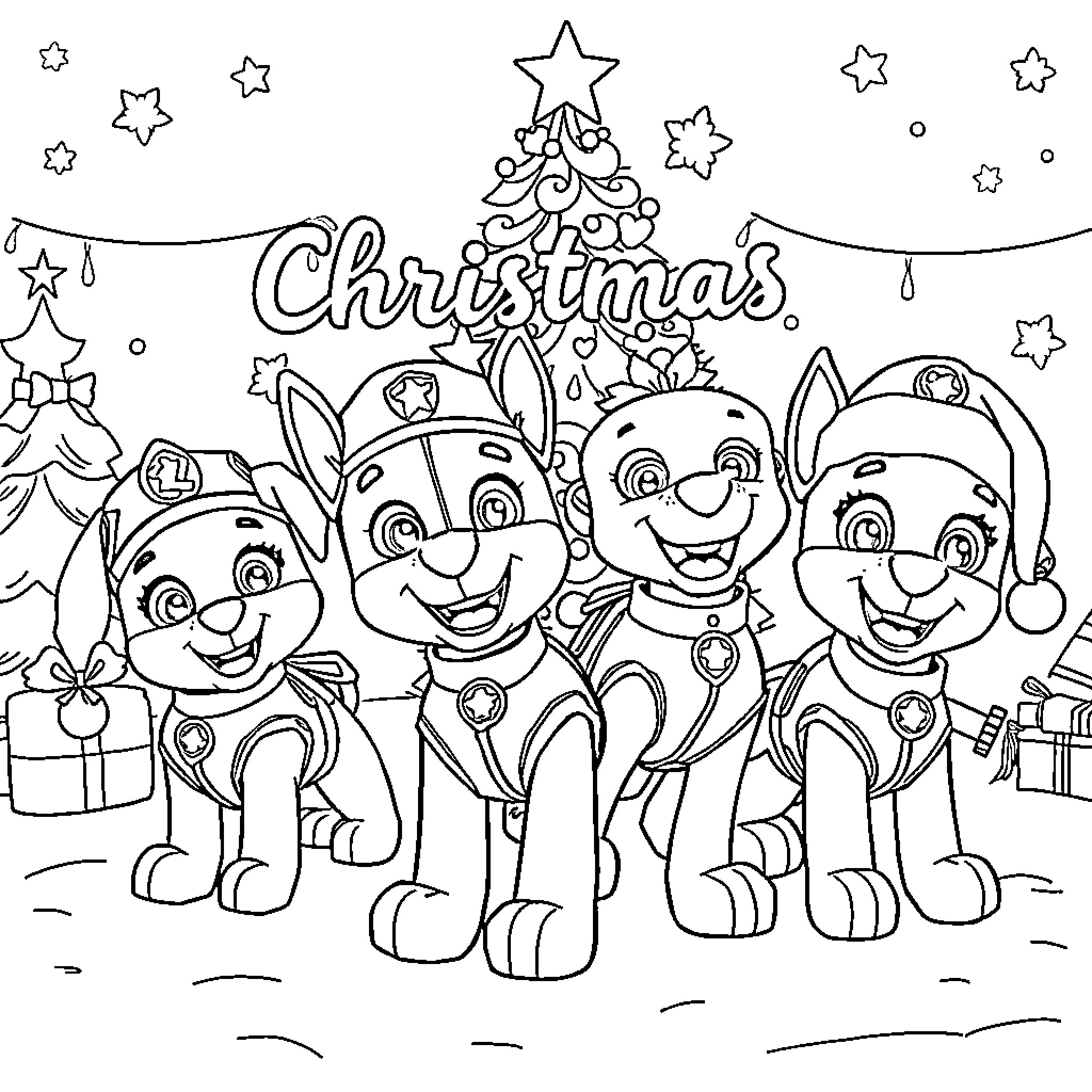 Paw Patrol's Christmas Celebration Coloring Page (free black-and-white line drawing printable PDF for all, from beginners to advanced learners, including children, teens, adults, and seniors)