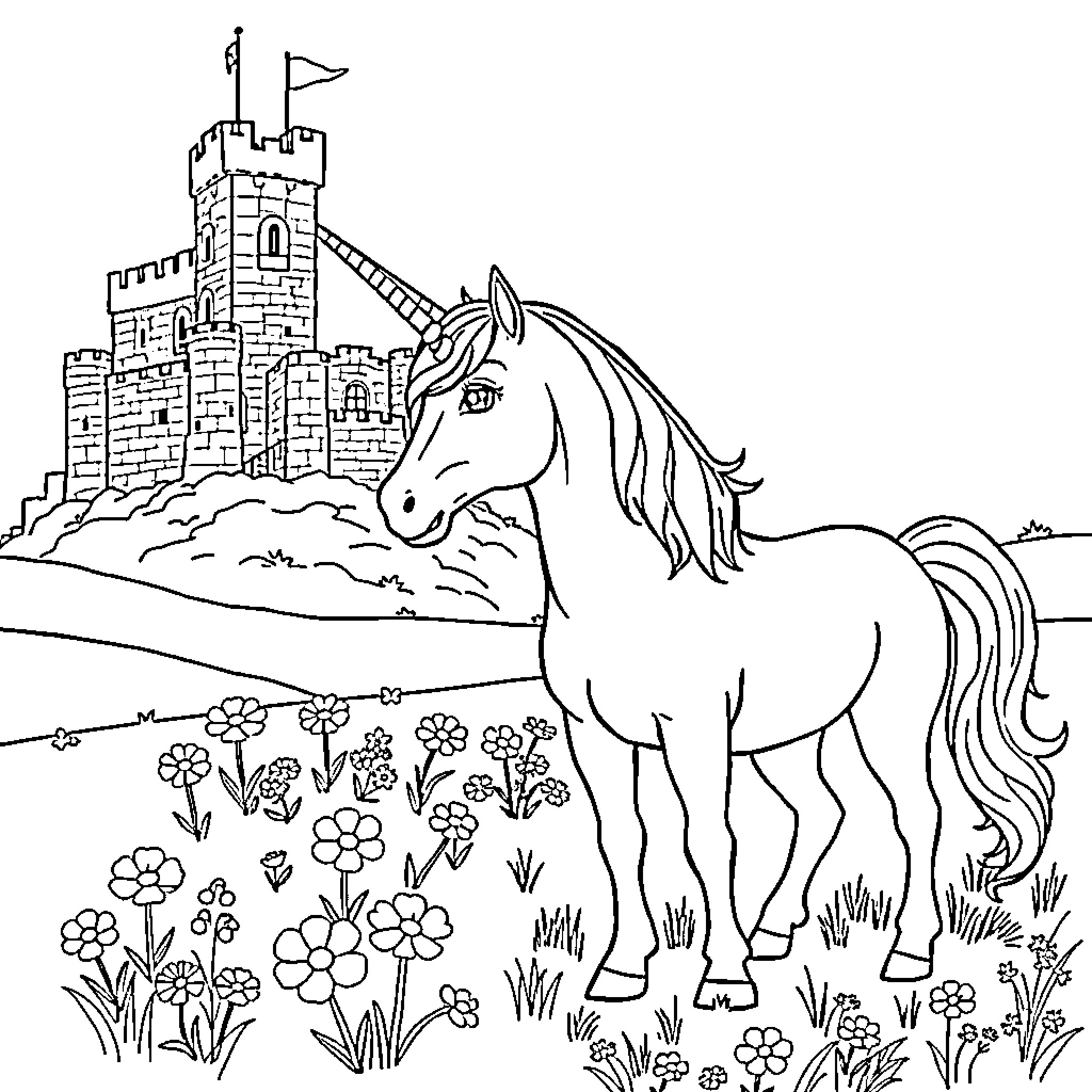 Unicorn in a Magical Meadow with Castle Coloring Page (free black-and-white line drawing printable PDF for all, from beginners to advanced learners, including children, teens, adults, and seniors)