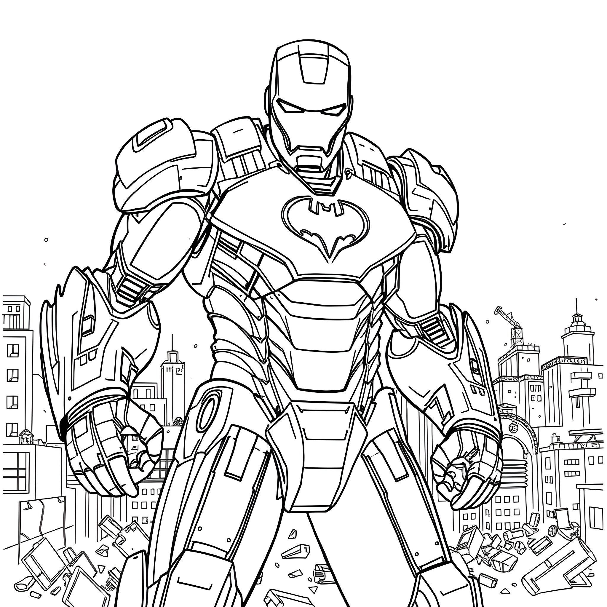 Batman in Futuristic Armor Protecting the City Coloring Page (free black-and-white line drawing printable PDF for all, from beginners to advanced learners, including children, teens, adults, and seniors)