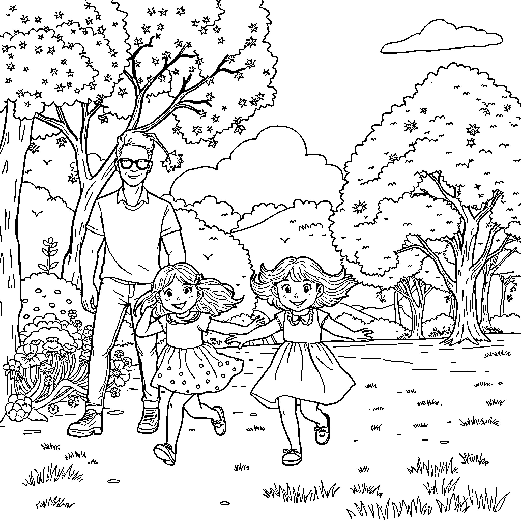Family Walking Together in Peaceful Nature Coloring Page (free black-and-white line drawing printable PDF for all, from beginners to advanced learners, including children, teens, adults, and seniors)