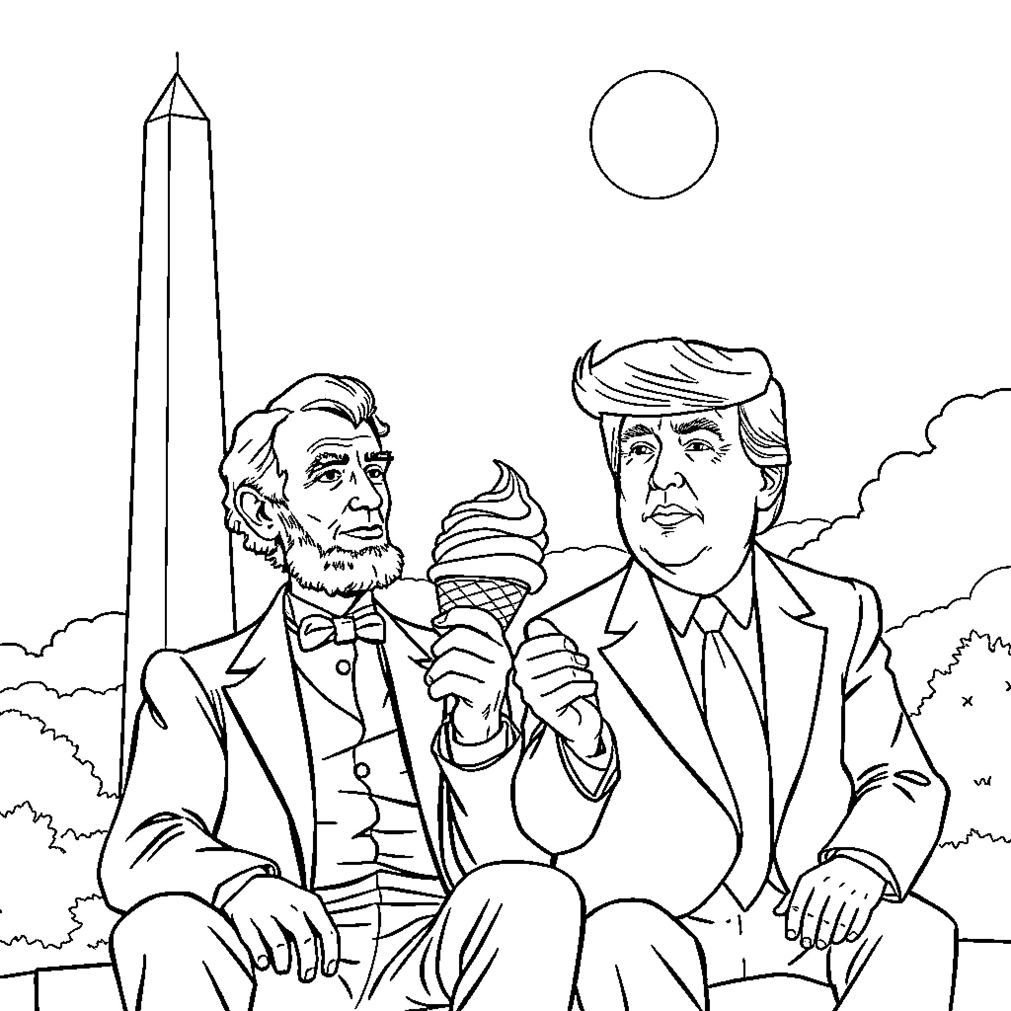 Abraham Lincoln and Donald Trump Enjoying Ice Cream Together Coloring Page (free black-and-white line drawing printable PDF for all, from beginners to advanced learners, including children, teens, adults, and seniors)
