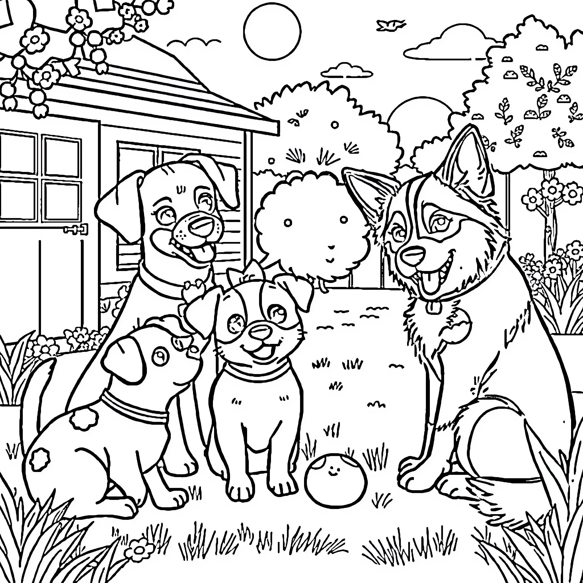 Pet animals enjoying outdoors near house Coloring Page (free black-and-white line drawing printable PDF for all, from beginners to advanced learners, including children, teens, adults, and seniors)