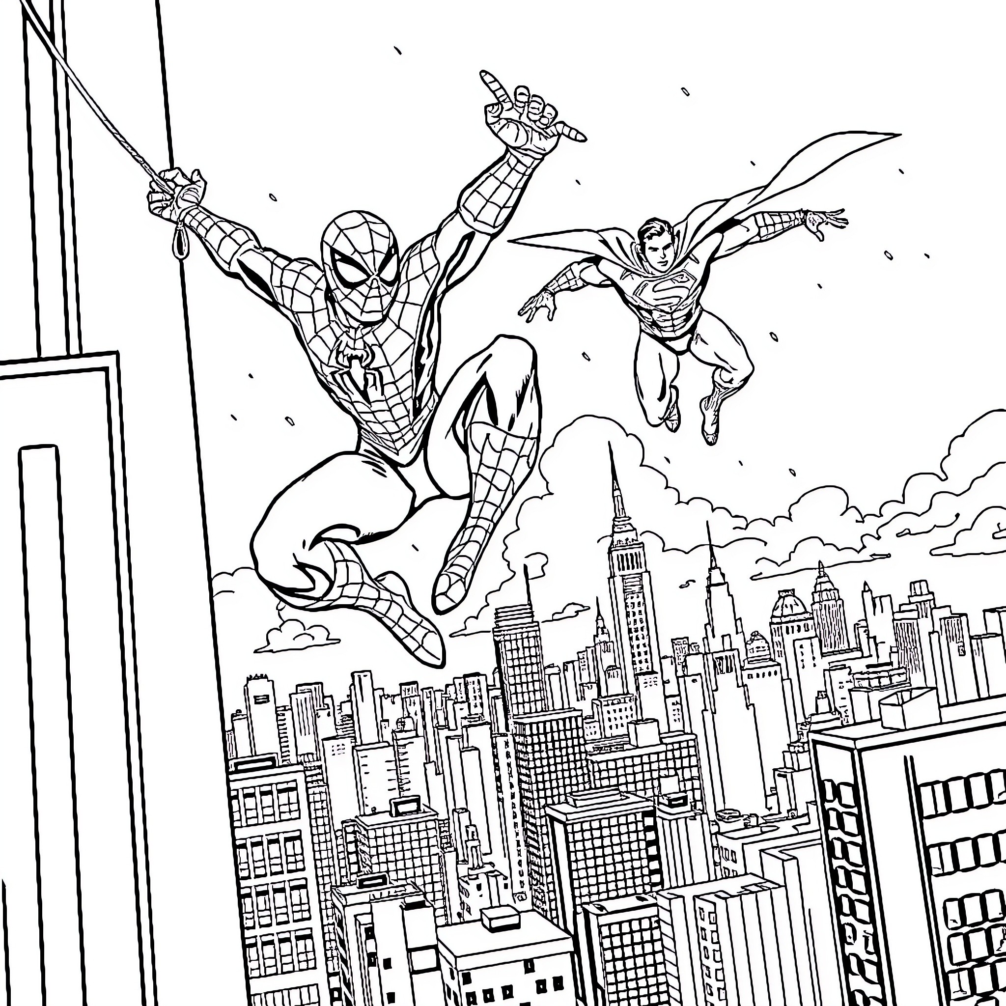 Superhero Duo Soaring Over Cityscape Coloring Page (free black-and-white line drawing printable PDF for all, from beginners to advanced learners, including children, teens, adults, and seniors)