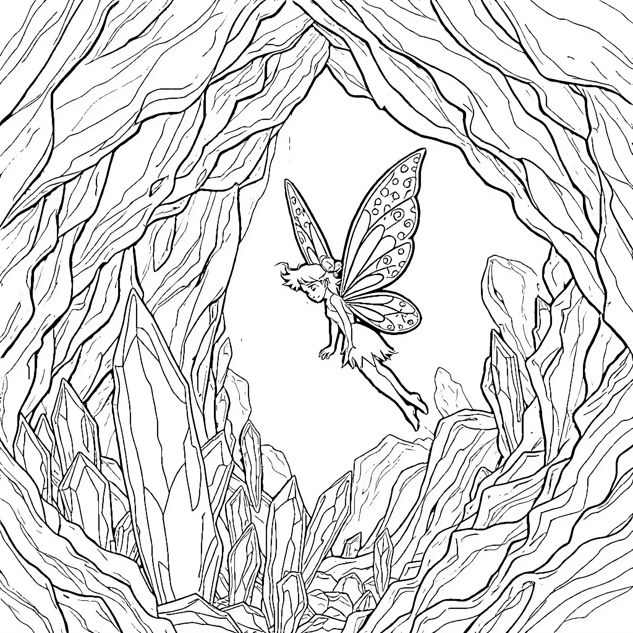 Fairy in a Magical Forest Coloring Page (free black-and-white line drawing printable PDF for all, from beginners to advanced learners, including children, teens, adults, and seniors)