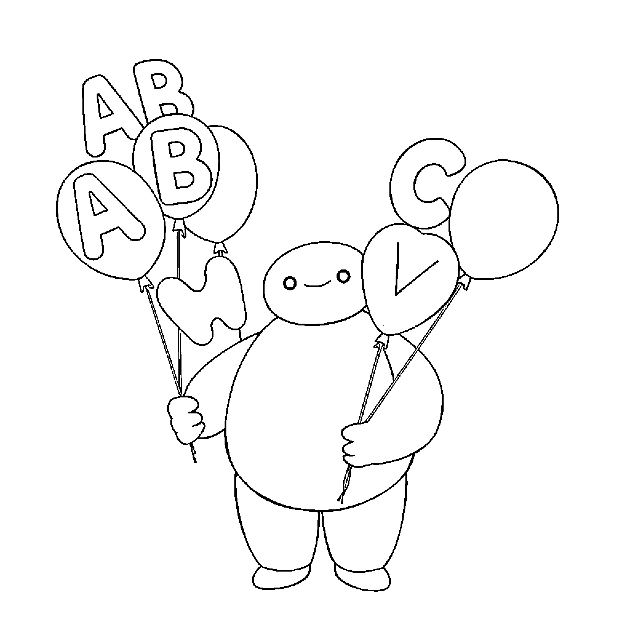 Balloon character holding colorful letter balloons Coloring Page (free black-and-white line drawing printable PDF for all, from beginners to advanced learners, including children, teens, adults, and seniors)