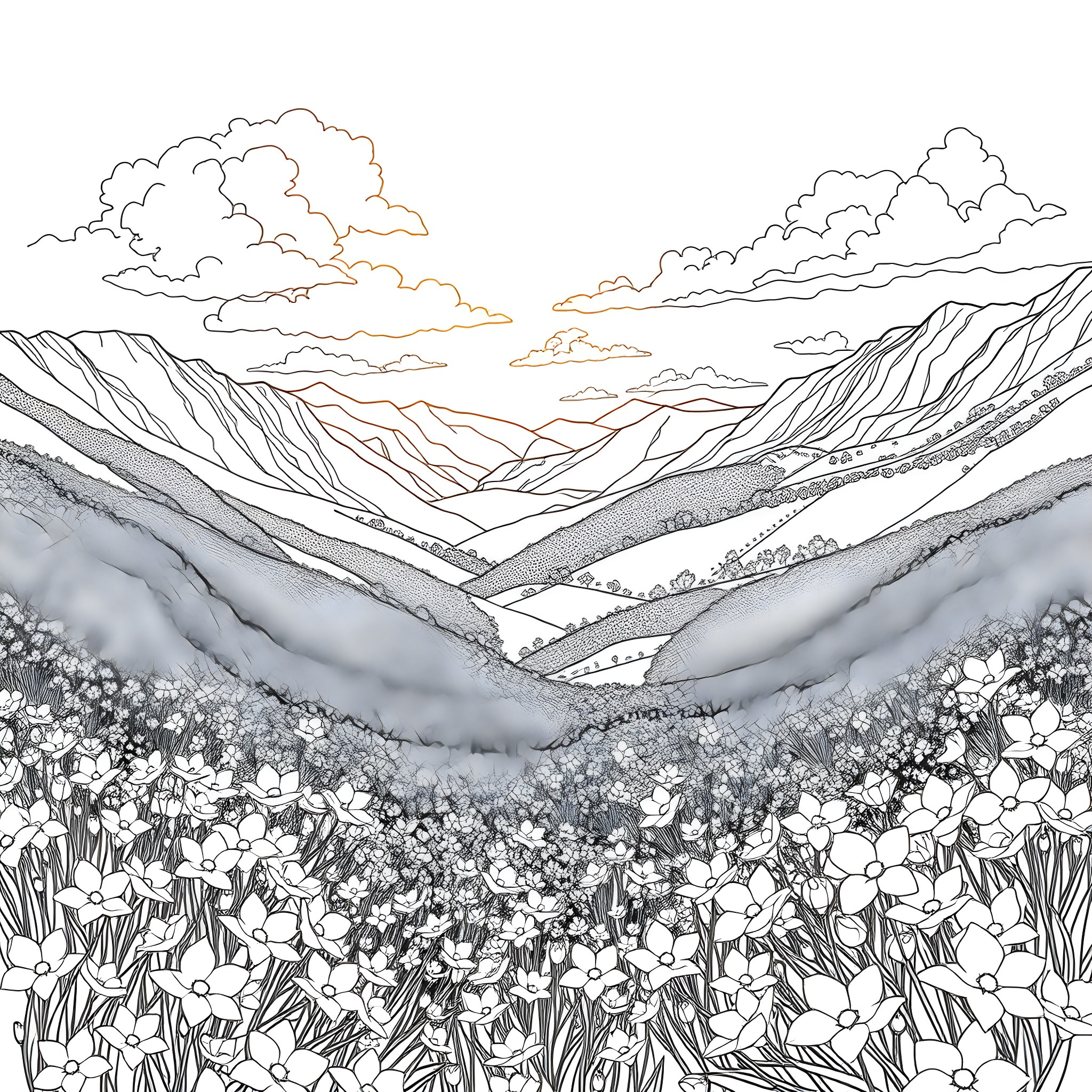 Flower field with mountainous landscape Coloring Page (free black-and-white line drawing printable PDF for all, from beginners to advanced learners, including children, teens, adults, and seniors)