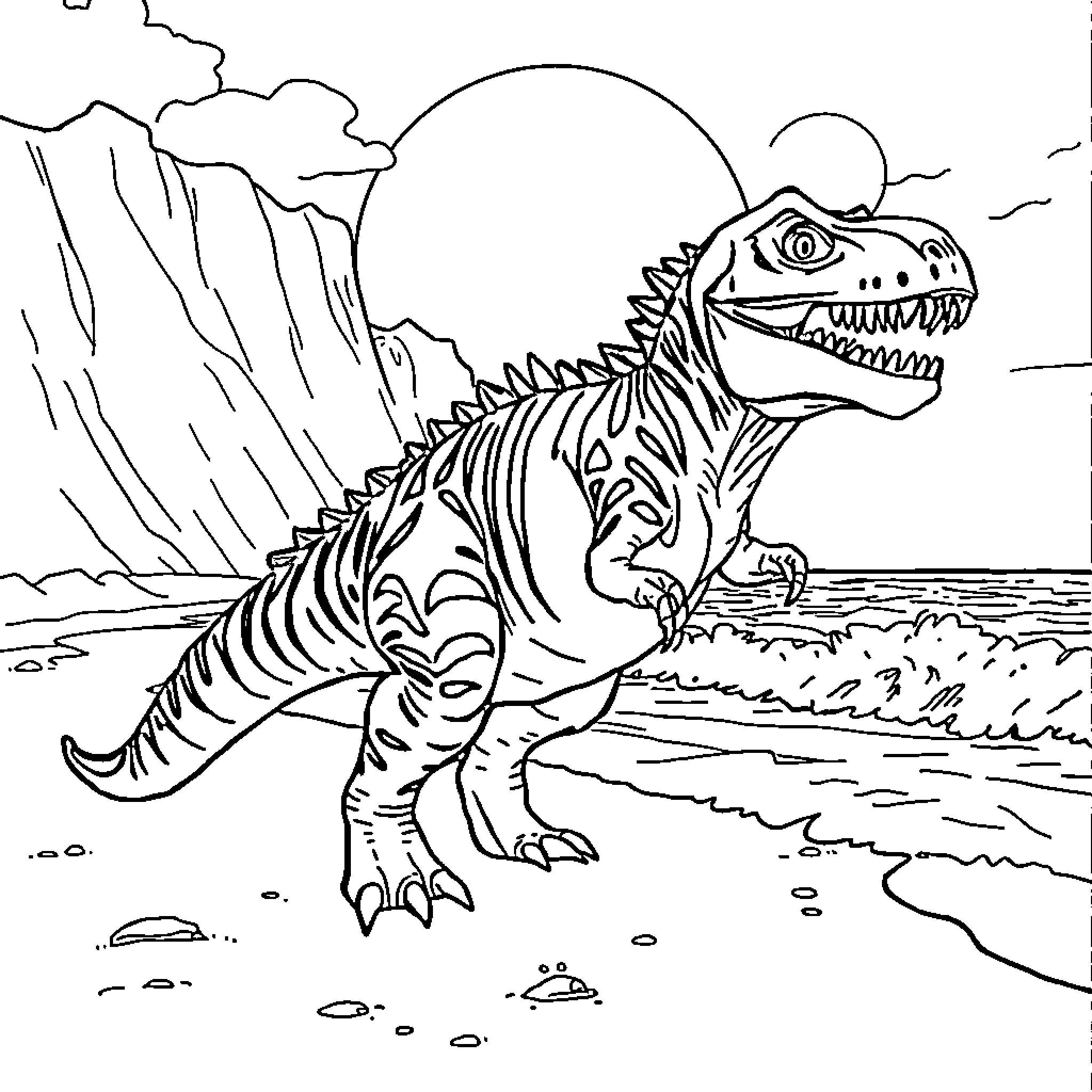 Distortus Rex - Dinosaur skeleton in the wilderness Coloring Page (free black-and-white line drawing printable PDF for all, from beginners to advanced learners, including children, teens, adults, and seniors)