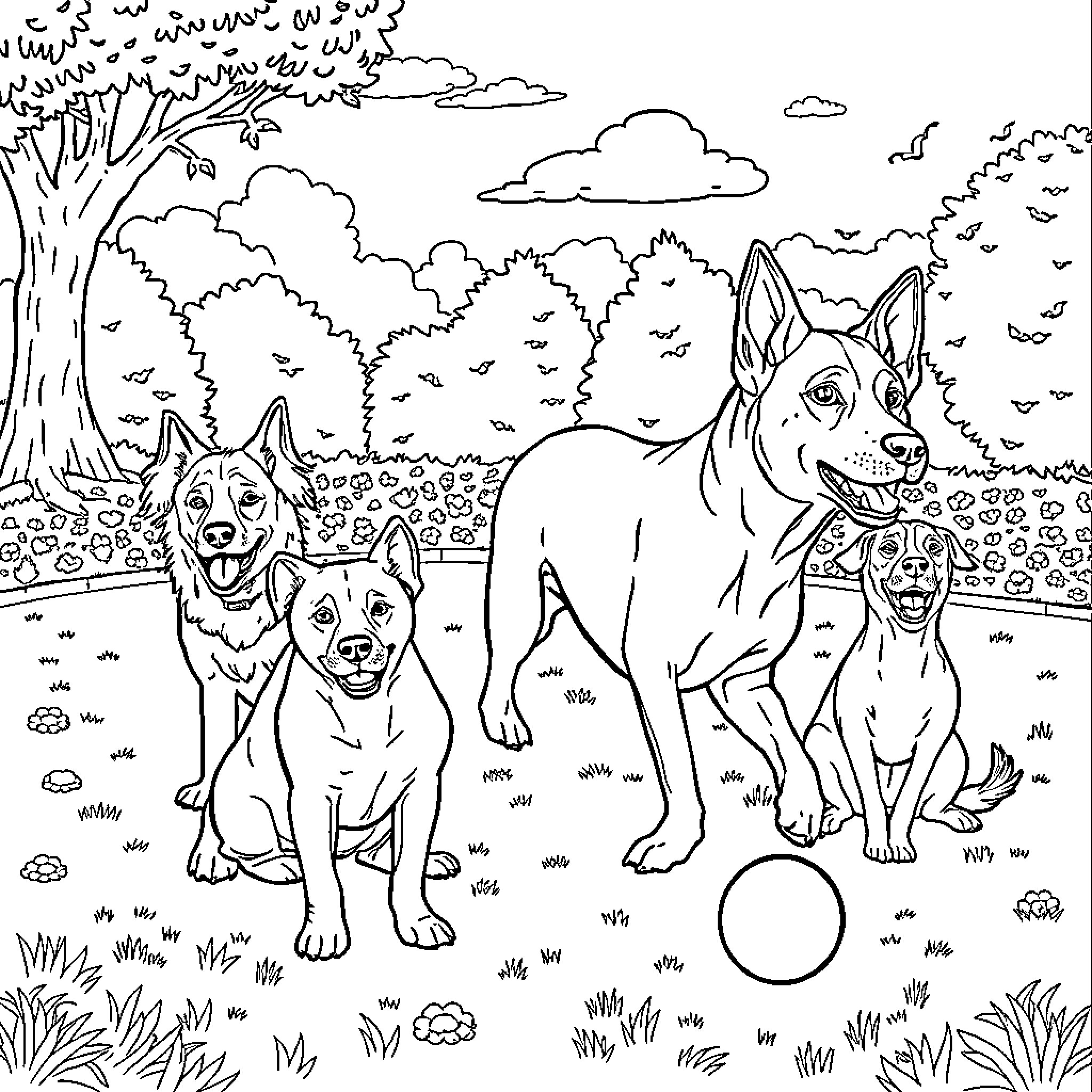 Dog friends playing with ball in forest Coloring Page (free black-and-white line drawing printable PDF for all, from beginners to advanced learners, including children, teens, adults, and seniors)