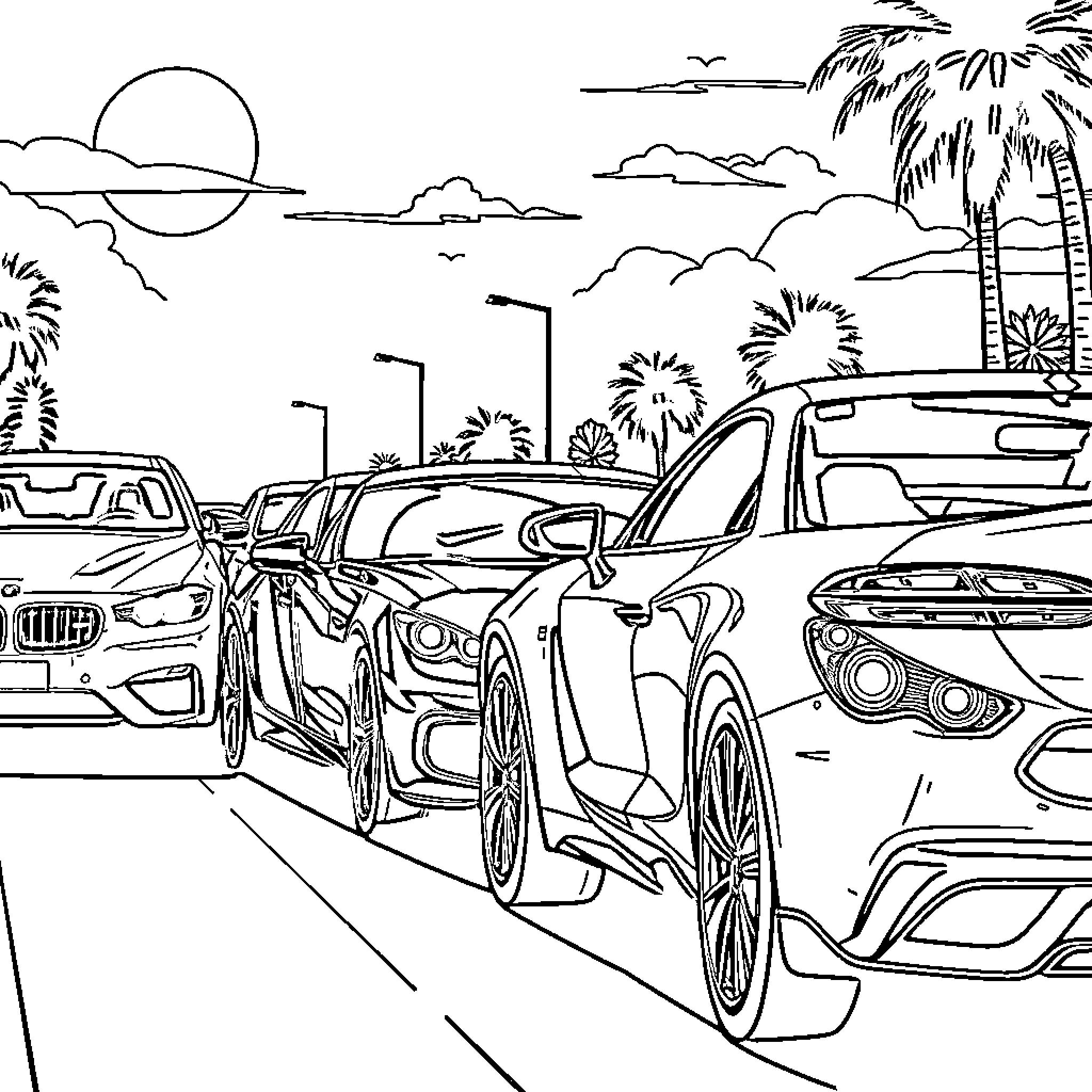 Semitrailer parked in a tropical coastal setting Coloring Page (free black-and-white line drawing printable PDF for all, from beginners to advanced learners, including children, teens, adults, and seniors)