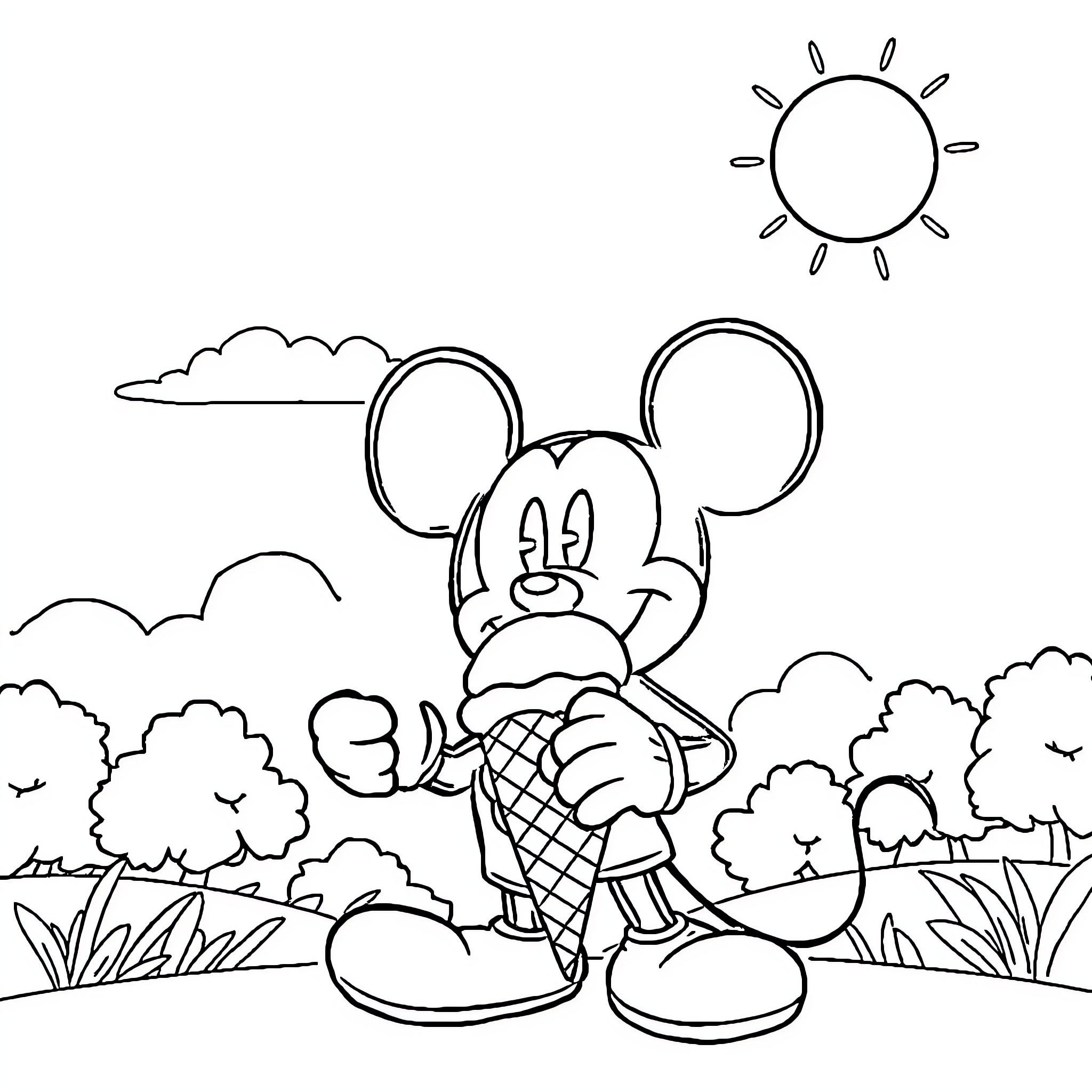 Mickey enjoying an ice cream under the sun Coloring Page (free black-and-white line drawing printable PDF for all, from beginners to advanced learners, including children, teens, adults, and seniors)