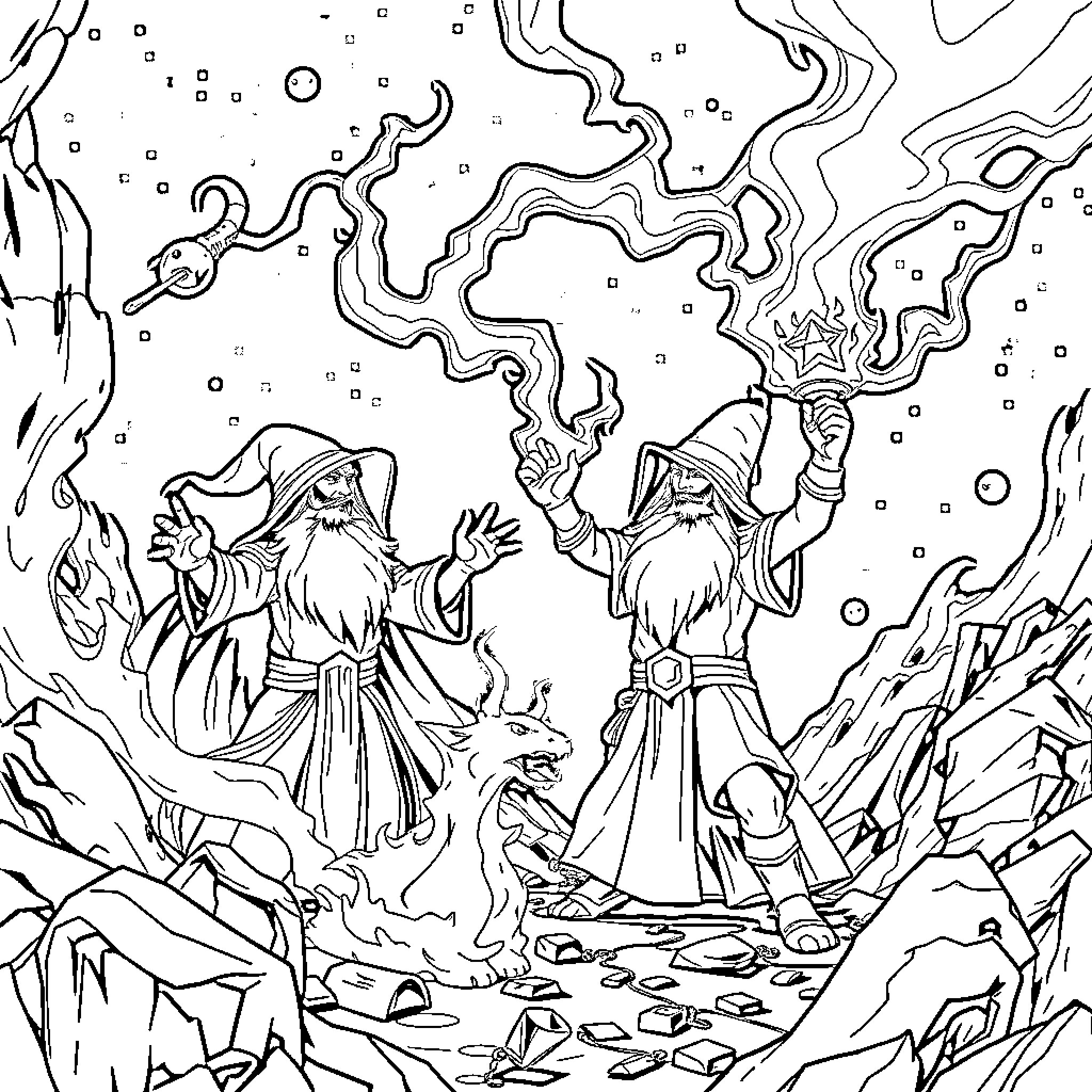 Mage duo casting spells in icy cave Coloring Page (free black-and-white line drawing printable PDF for all, from beginners to advanced learners, including children, teens, adults, and seniors)
