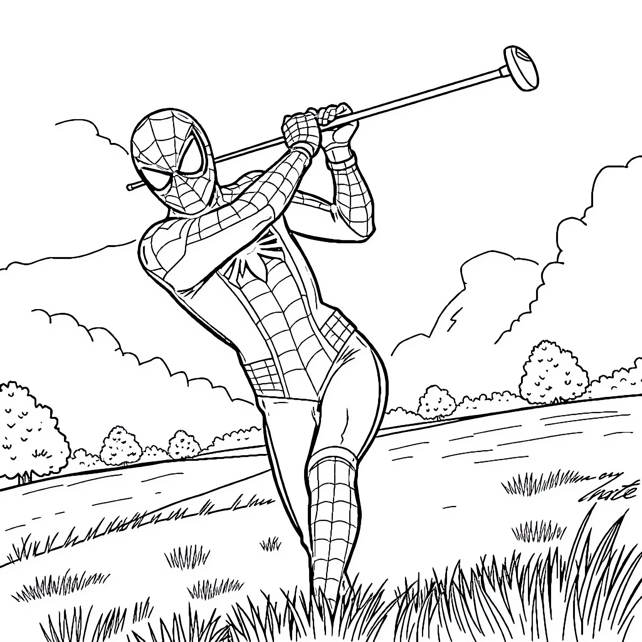 Spider-Man swinging with web and action poses Coloring Page (free black-and-white line drawing printable PDF for all, from beginners to advanced learners, including children, teens, adults, and seniors)