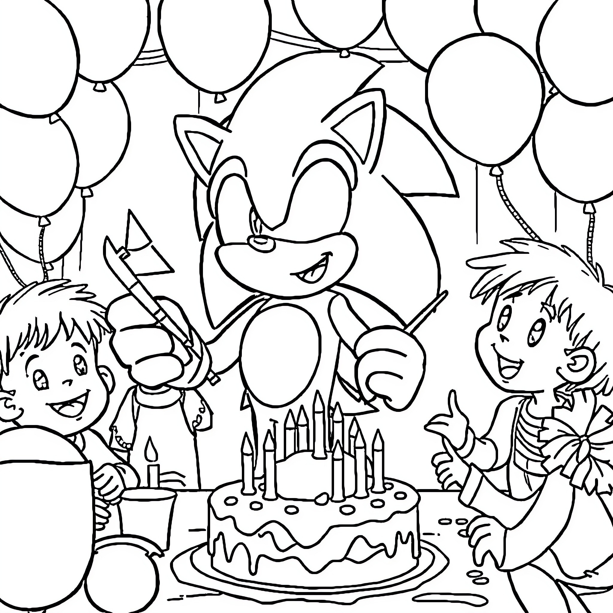 Sonic's Festive Birthday Celebration with Friends Coloring Page (free black-and-white line drawing printable PDF for all, from beginners to advanced learners, including children, teens, adults, and seniors)