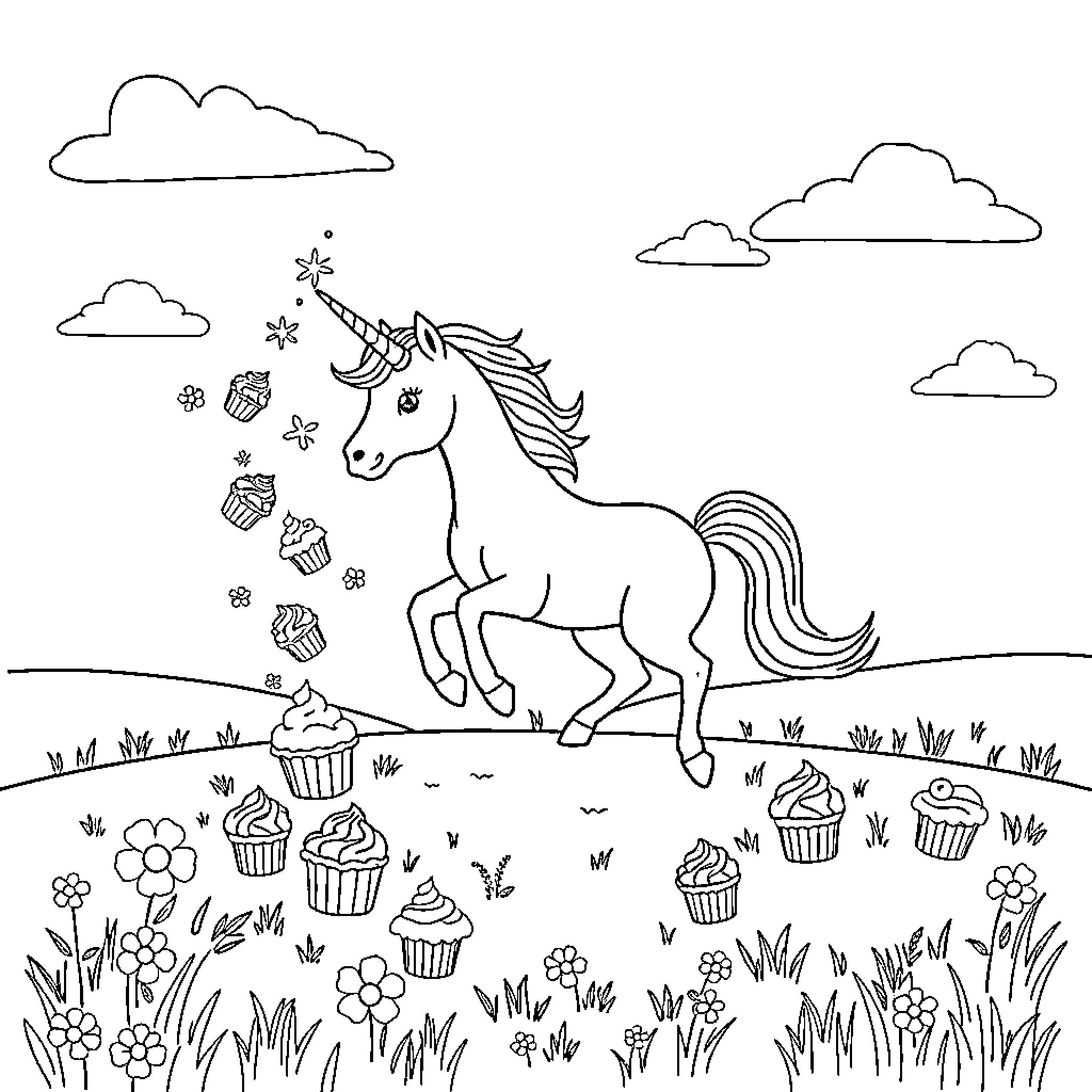 Unicorn Frolicking Amidst Cupcakes and Flowers Coloring Page (free black-and-white line drawing printable PDF for all, from beginners to advanced learners, including children, teens, adults, and seniors)