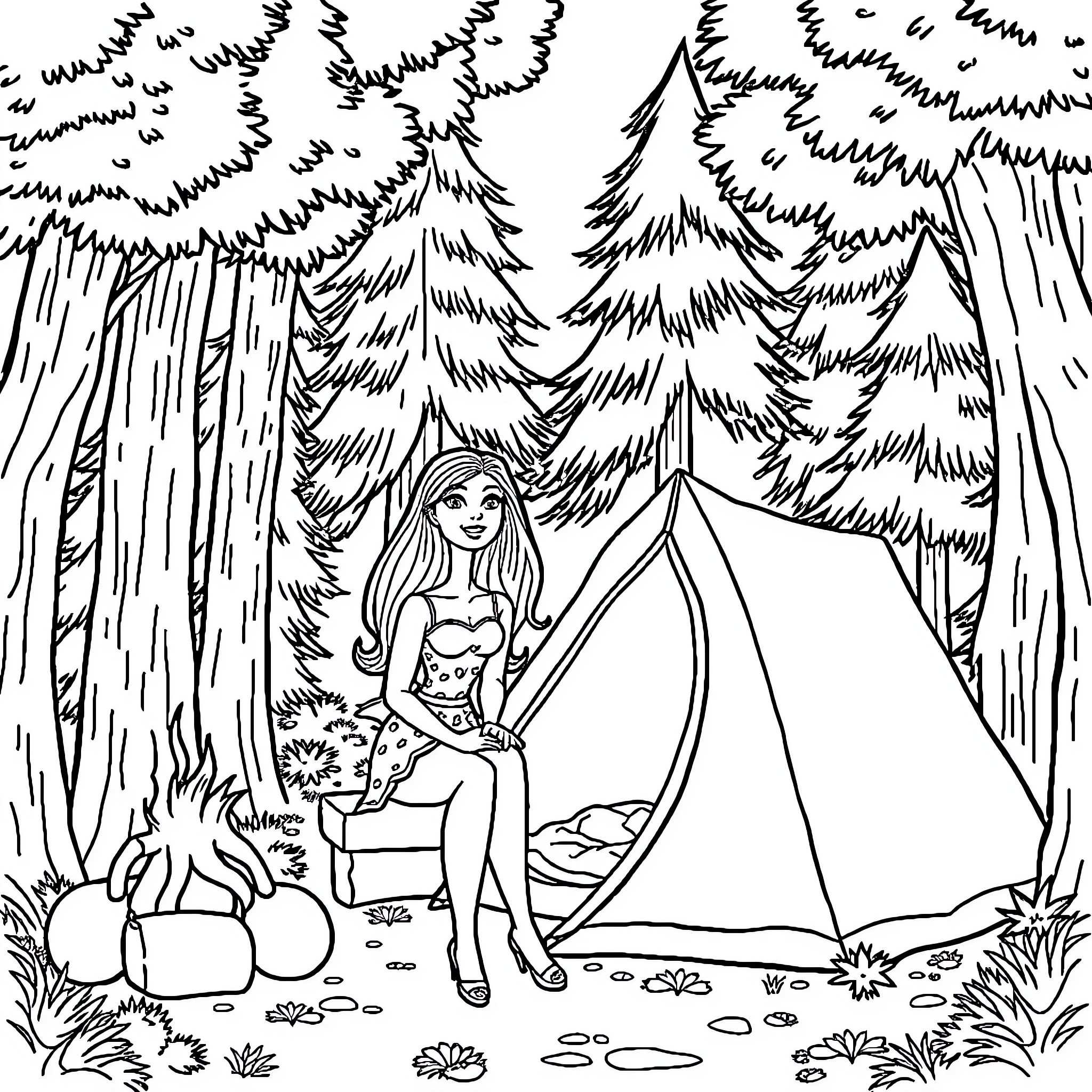 Barbie camping in the enchanted forest Coloring Page (free black-and-white line drawing printable PDF for all, from beginners to advanced learners, including children, teens, adults, and seniors)