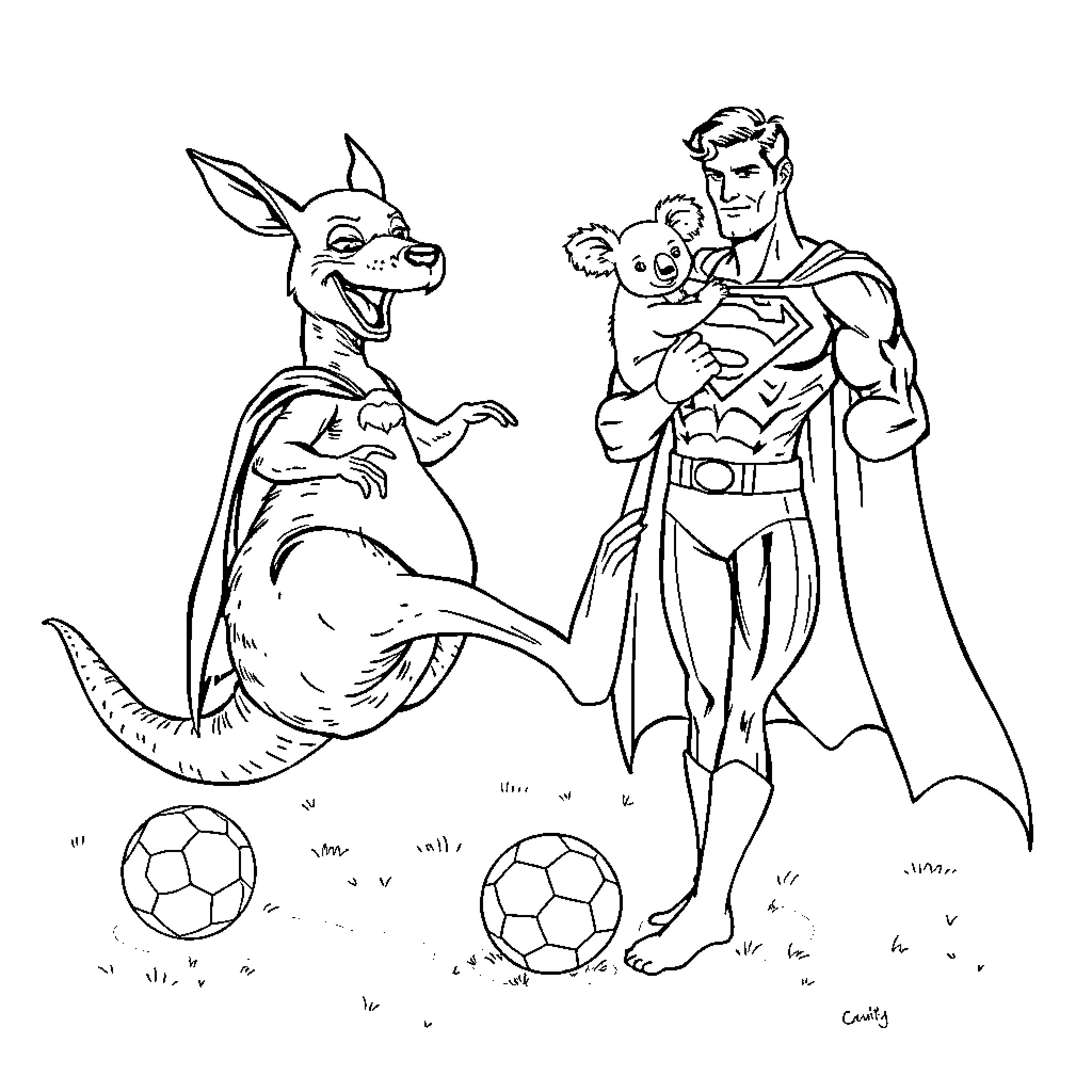 Kangaroo playing soccer with superhero Coloring Page (free black-and-white line drawing printable PDF for all, from beginners to advanced learners, including children, teens, adults, and seniors)