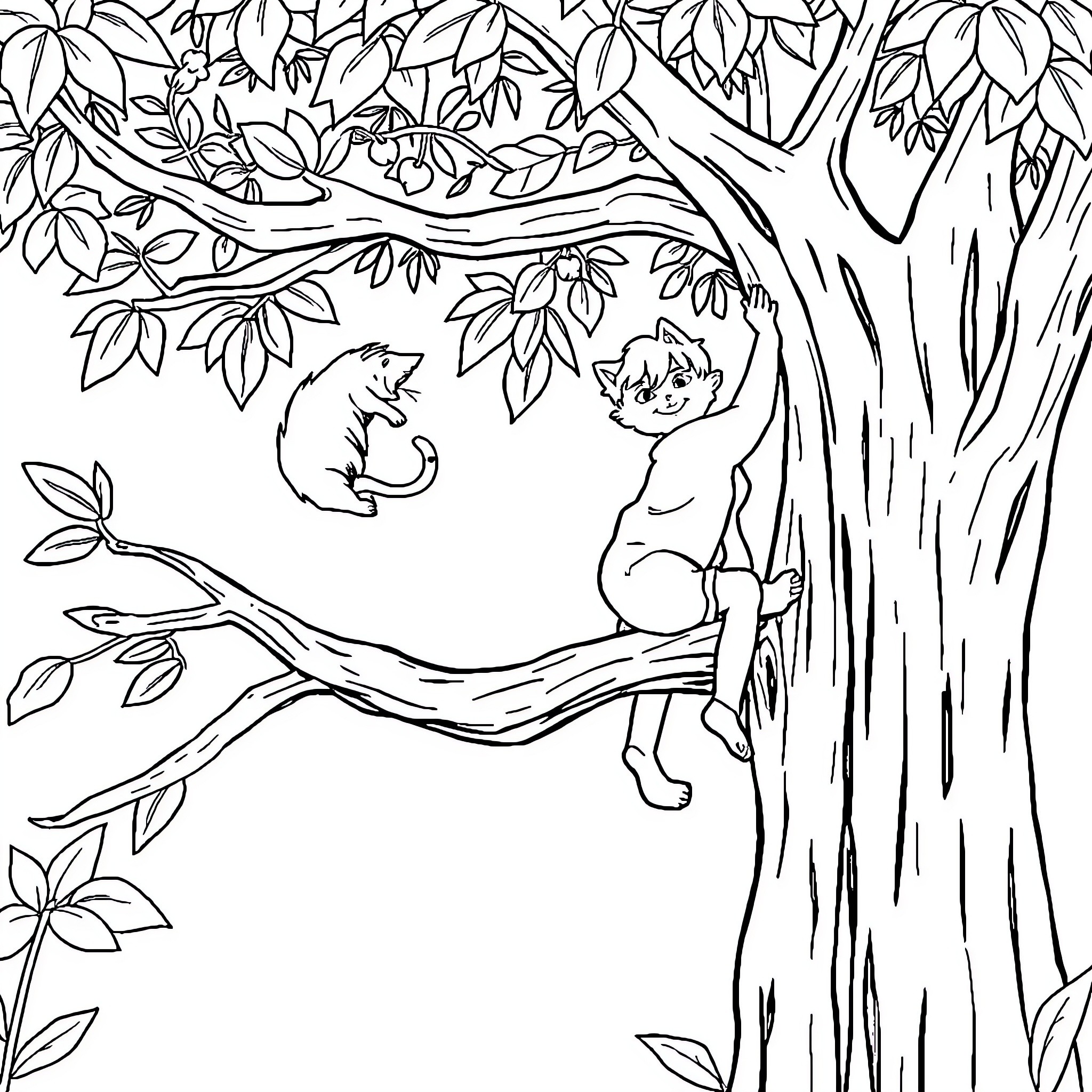 Boy climbing a tree with a pet cat Coloring Page (free black-and-white line drawing printable PDF for all, from beginners to advanced learners, including children, teens, adults, and seniors)