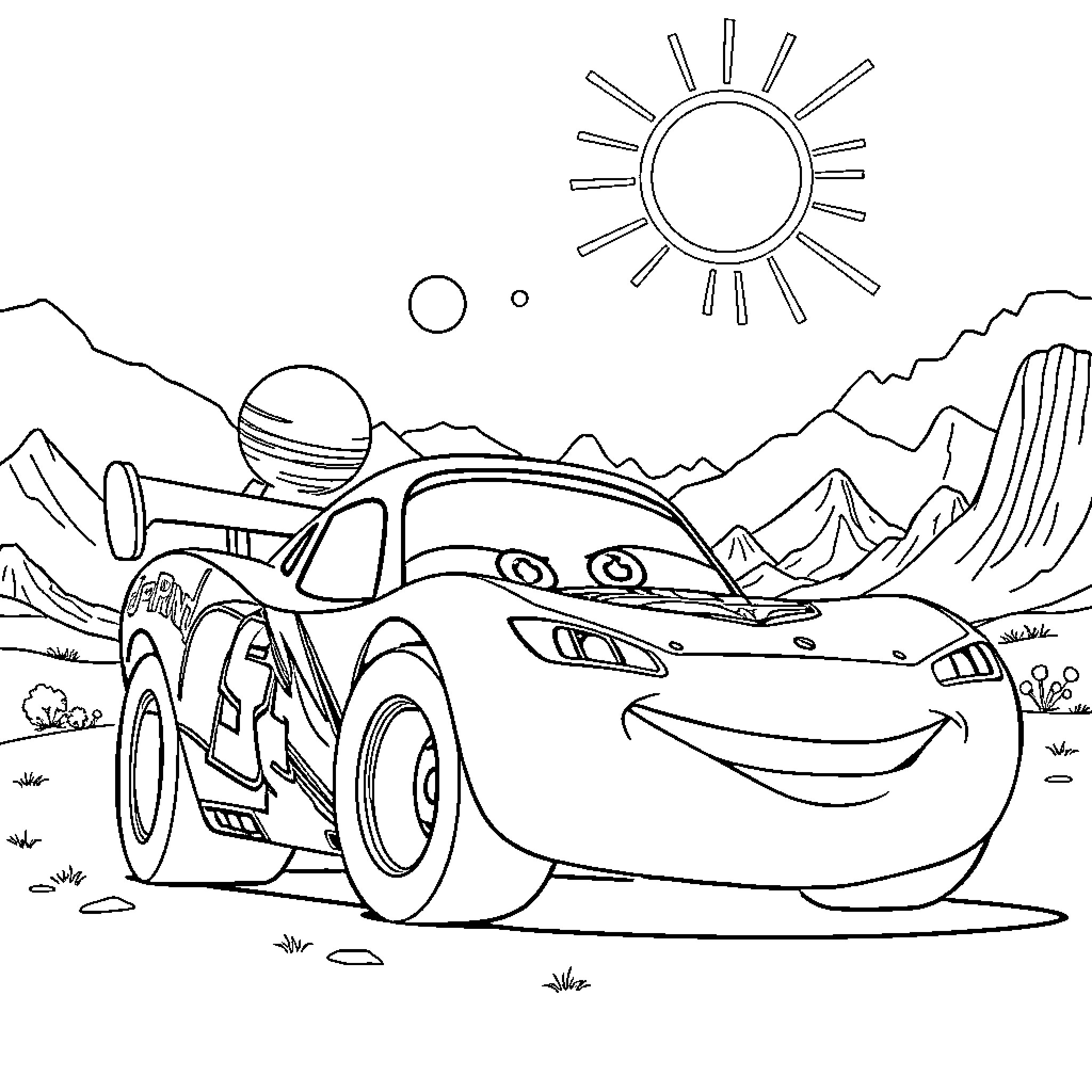 Rayo McQueen exploring the desert landscape Coloring Page (free black-and-white line drawing printable PDF for all, from beginners to advanced learners, including children, teens, adults, and seniors)