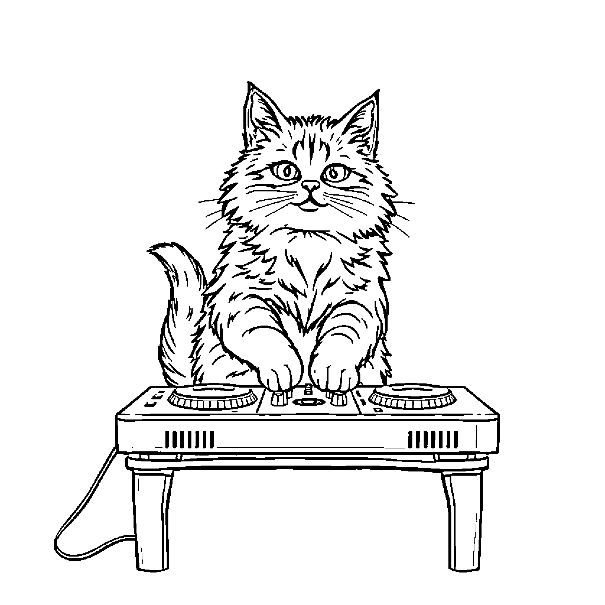 Cat mixing music on turntables Coloring Page (free black-and-white line drawing printable PDF for all, from beginners to advanced learners, including children, teens, adults, and seniors)