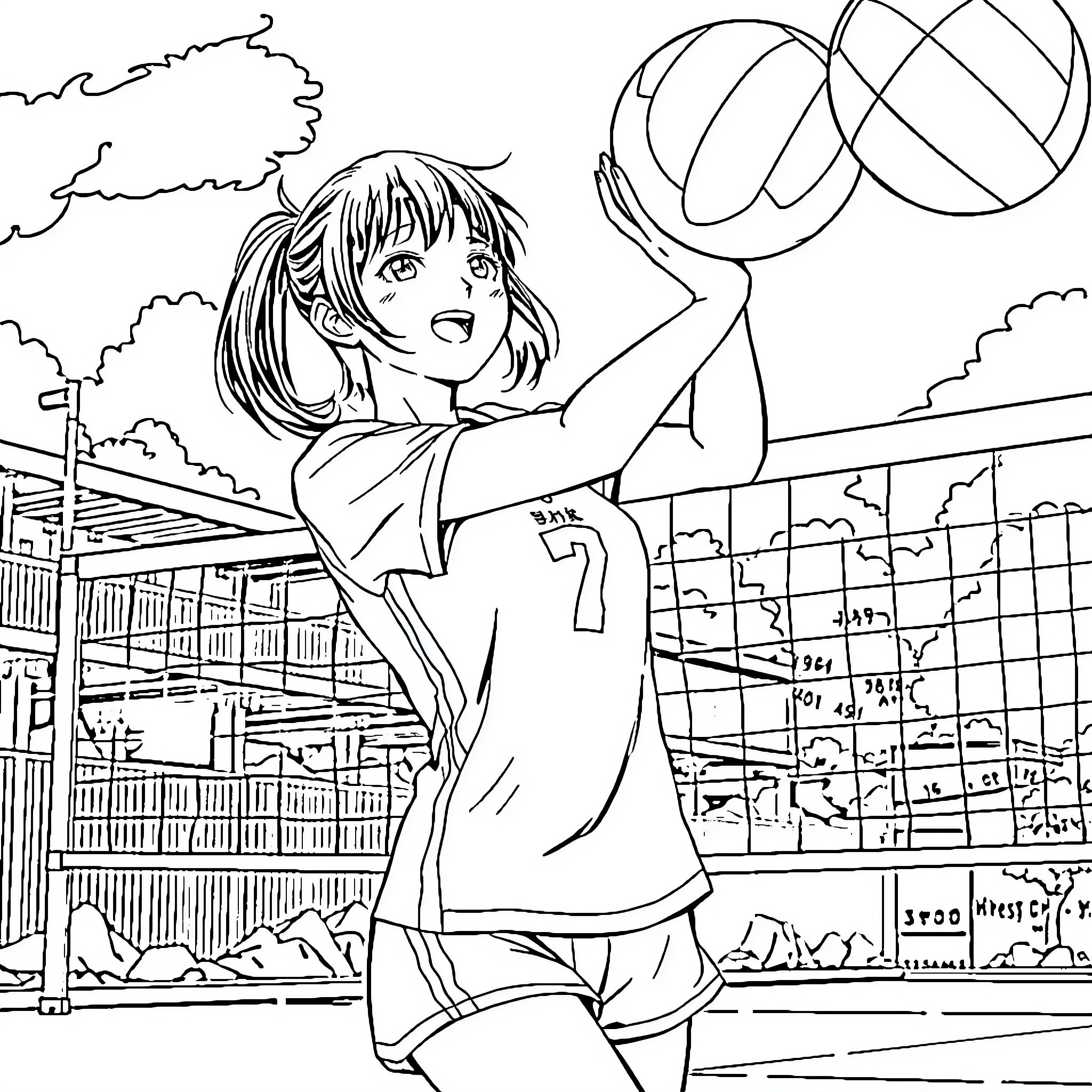 Student playing volleyball on a rooftop court Coloring Page (free black-and-white line drawing printable PDF for all, from beginners to advanced learners, including children, teens, adults, and seniors)