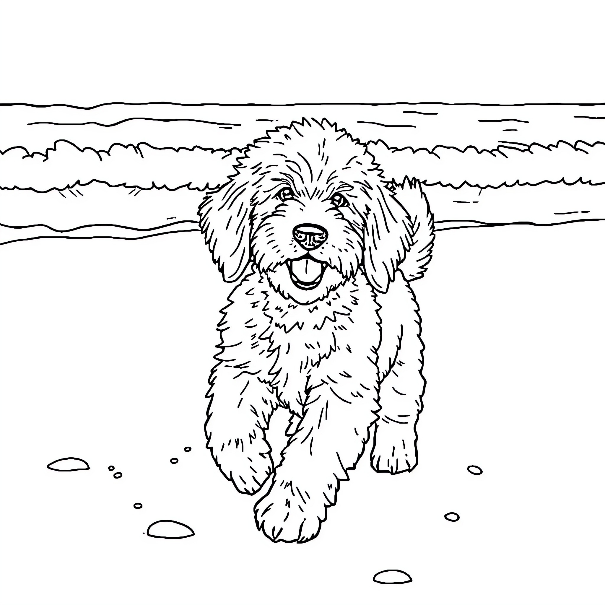 Doodle of a playful puppy in the outdoors Coloring Page (free black-and-white line drawing printable PDF for all, from beginners to advanced learners, including children, teens, adults, and seniors)