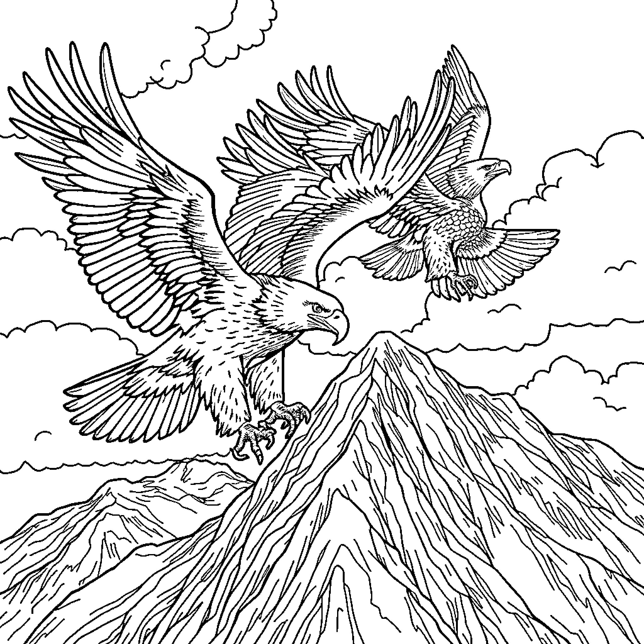 Eagles soaring majestically over rugged mountains Coloring Page (free black-and-white line drawing printable PDF for all, from beginners to advanced learners, including children, teens, adults, and seniors)