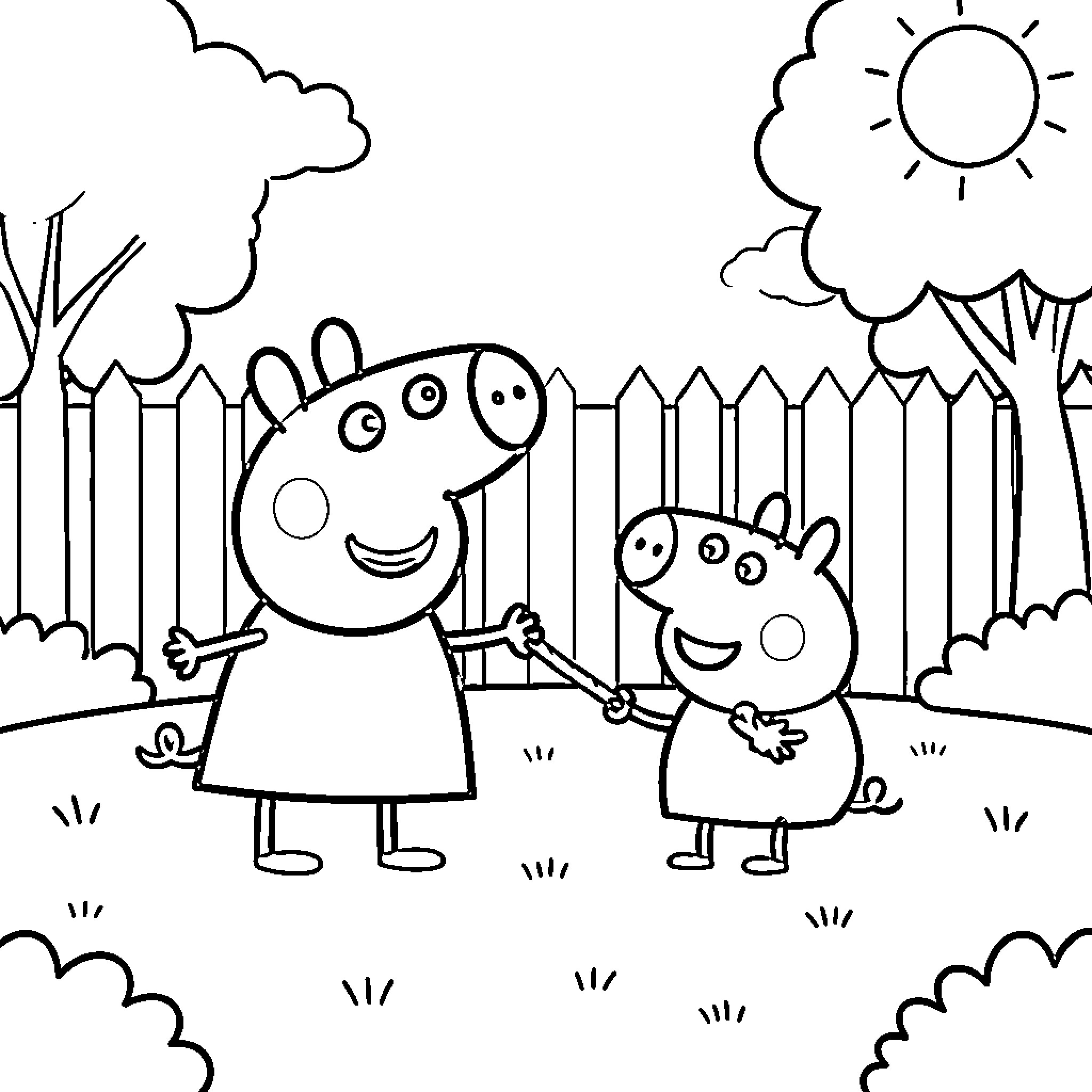 Peppa Pig smiling while playing in the garden Coloring Page (free black-and-white line drawing printable PDF for all, from beginners to advanced learners, including children, teens, adults, and seniors)