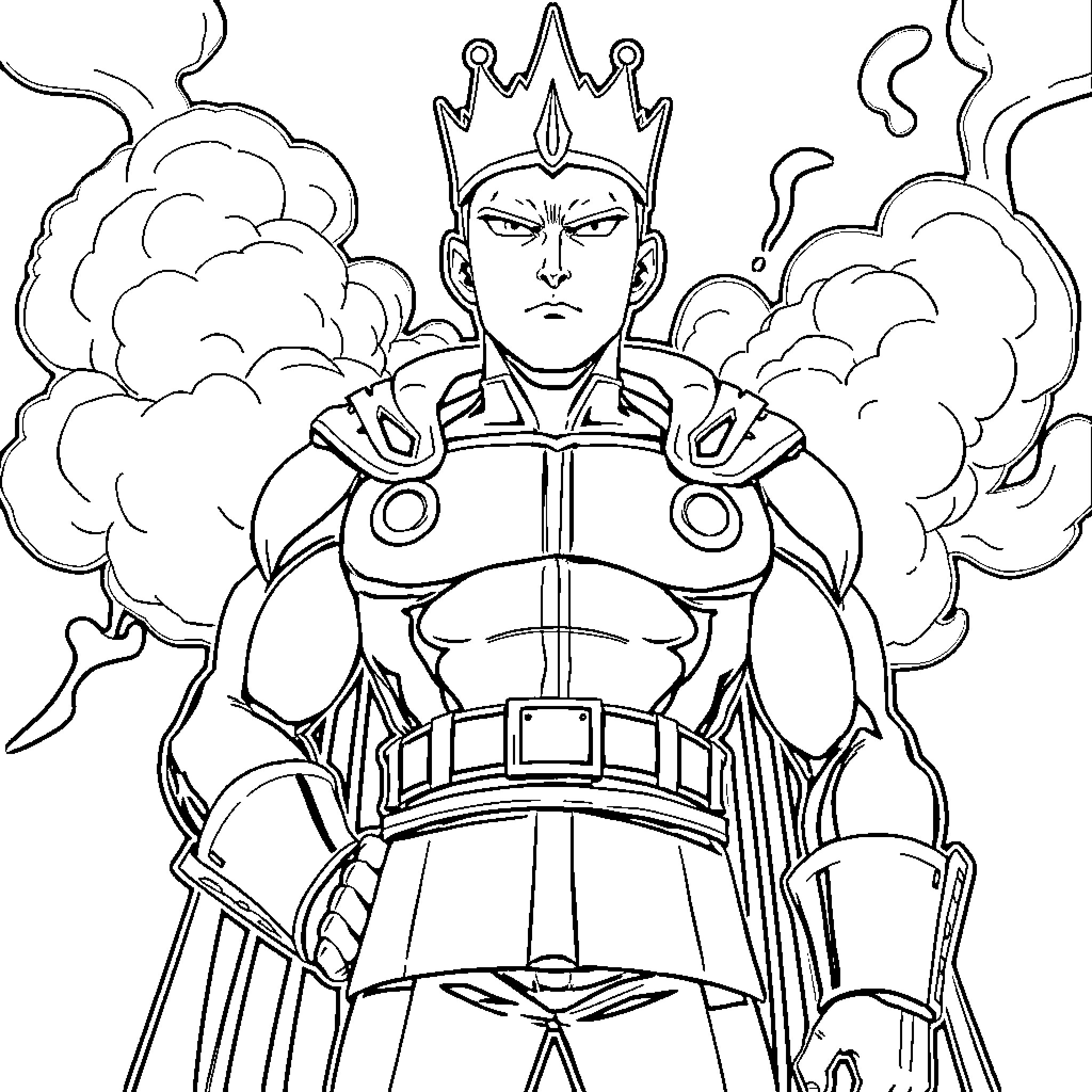 King Wielding Fiery Might in Commanding Pose Coloring Page (free black-and-white line drawing printable PDF for all, from beginners to advanced learners, including children, teens, adults, and seniors)
