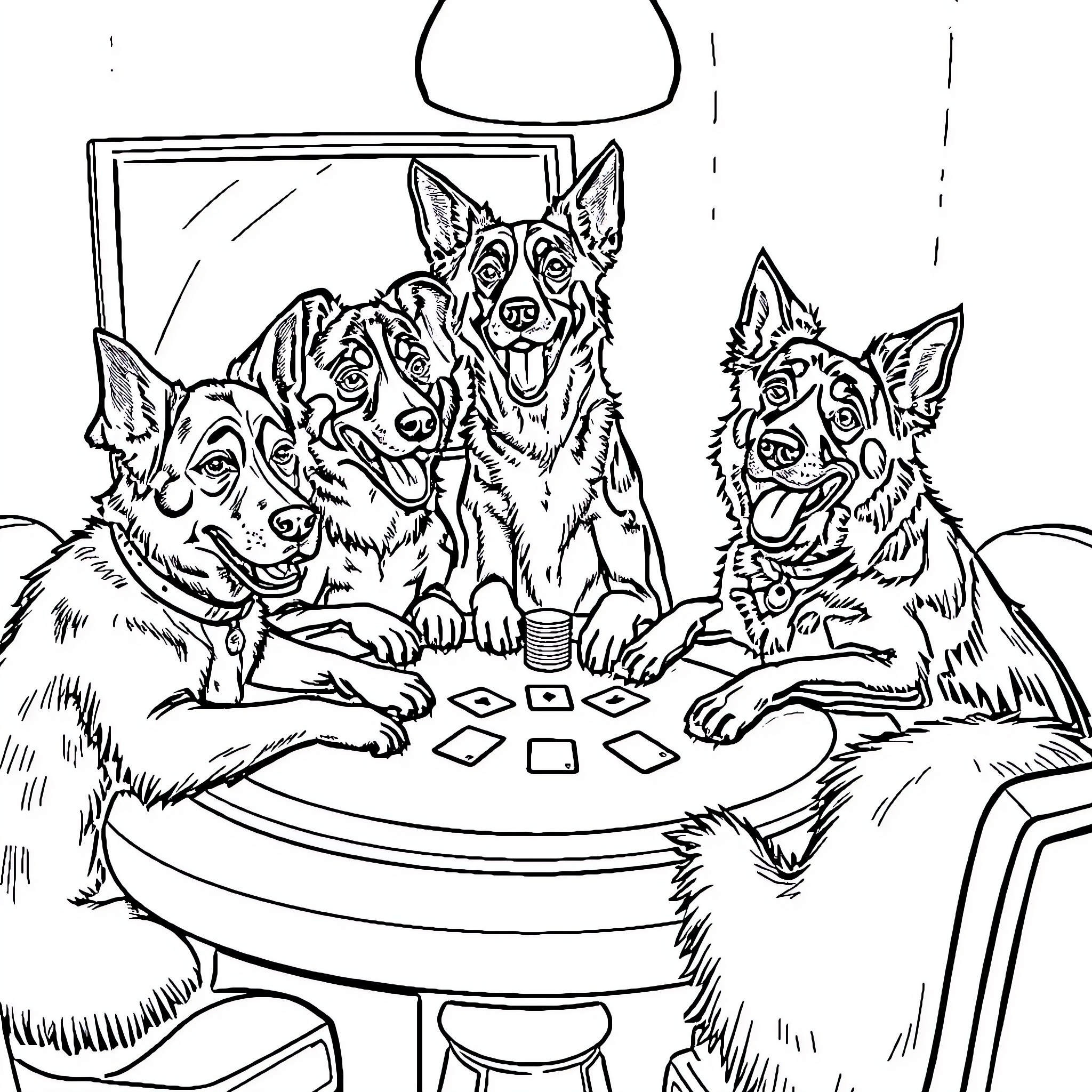 Dogs playing poker in a cozy setting Coloring Page (free black-and-white line drawing printable PDF for all, from beginners to advanced learners, including children, teens, adults, and seniors)