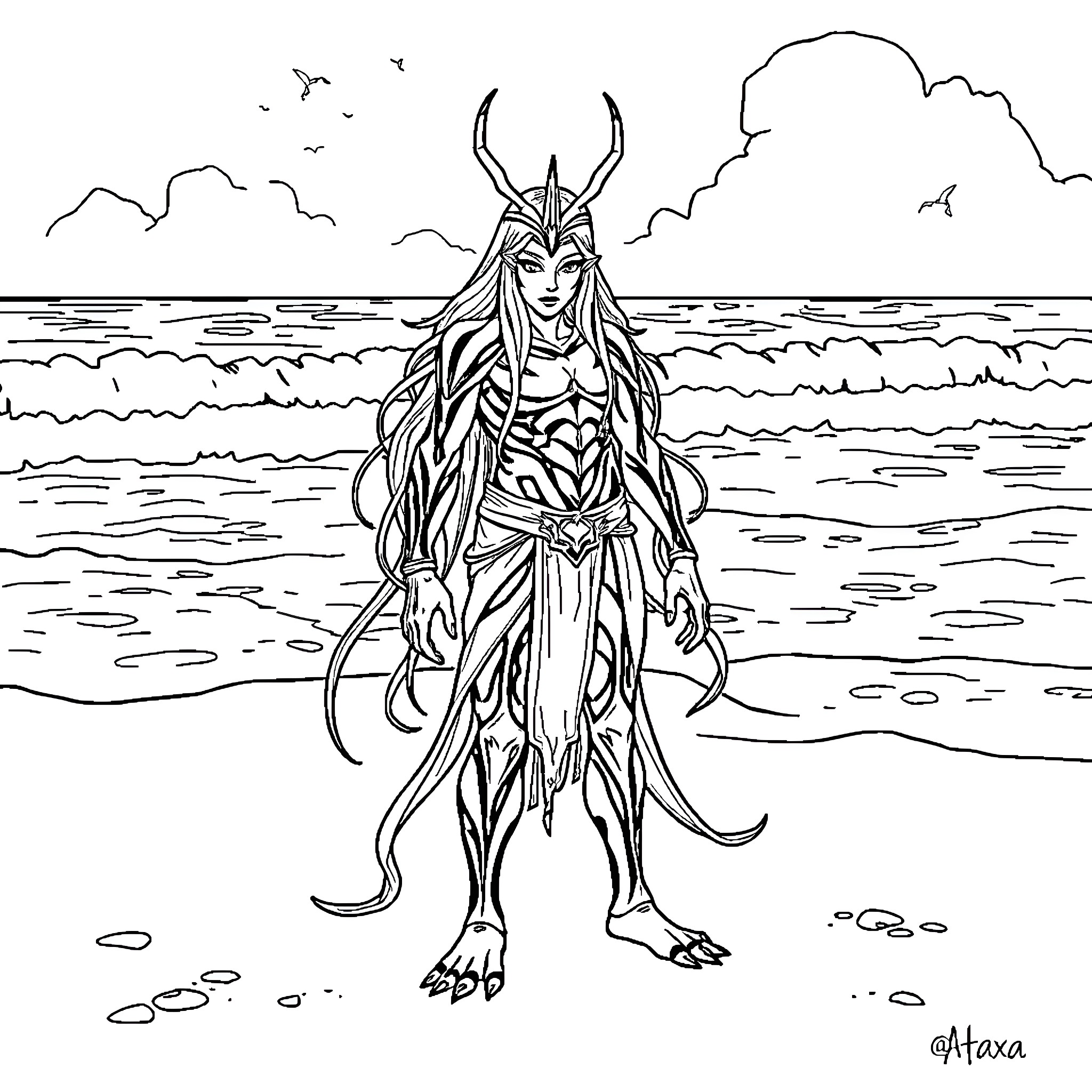 Atraxa: Aquatic Warrior Stands Resolute by the Sea Coloring Page (free black-and-white line drawing printable PDF for all, from beginners to advanced learners, including children, teens, adults, and seniors)