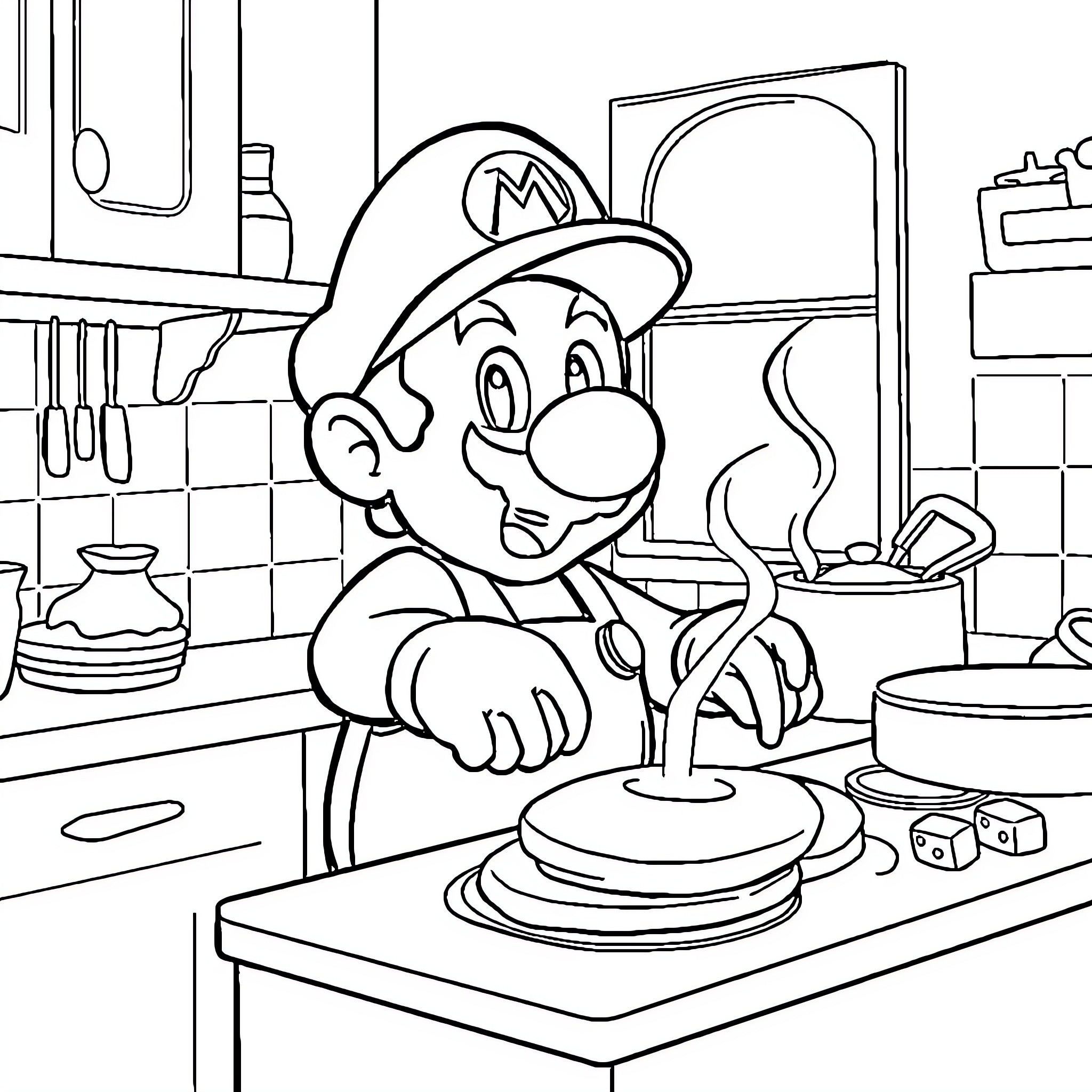 Mario cooking in the kitchen Coloring Page (free black-and-white line drawing printable PDF for all, from beginners to advanced learners, including children, teens, adults, and seniors)