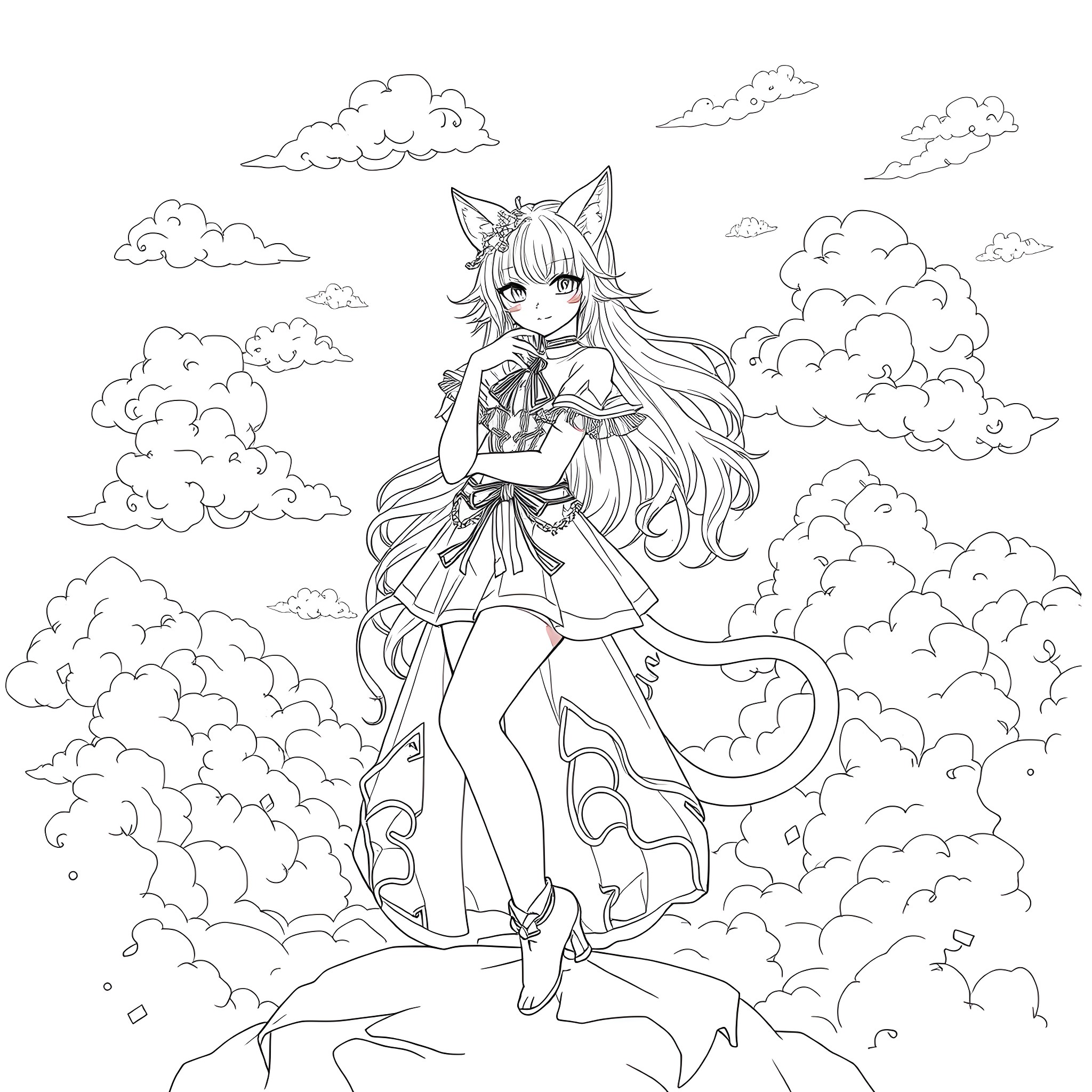 Catgirl in a Cloudy Sky Coloring Page (free black-and-white line drawing printable PDF for all, from beginners to advanced learners, including children, teens, adults, and seniors)
